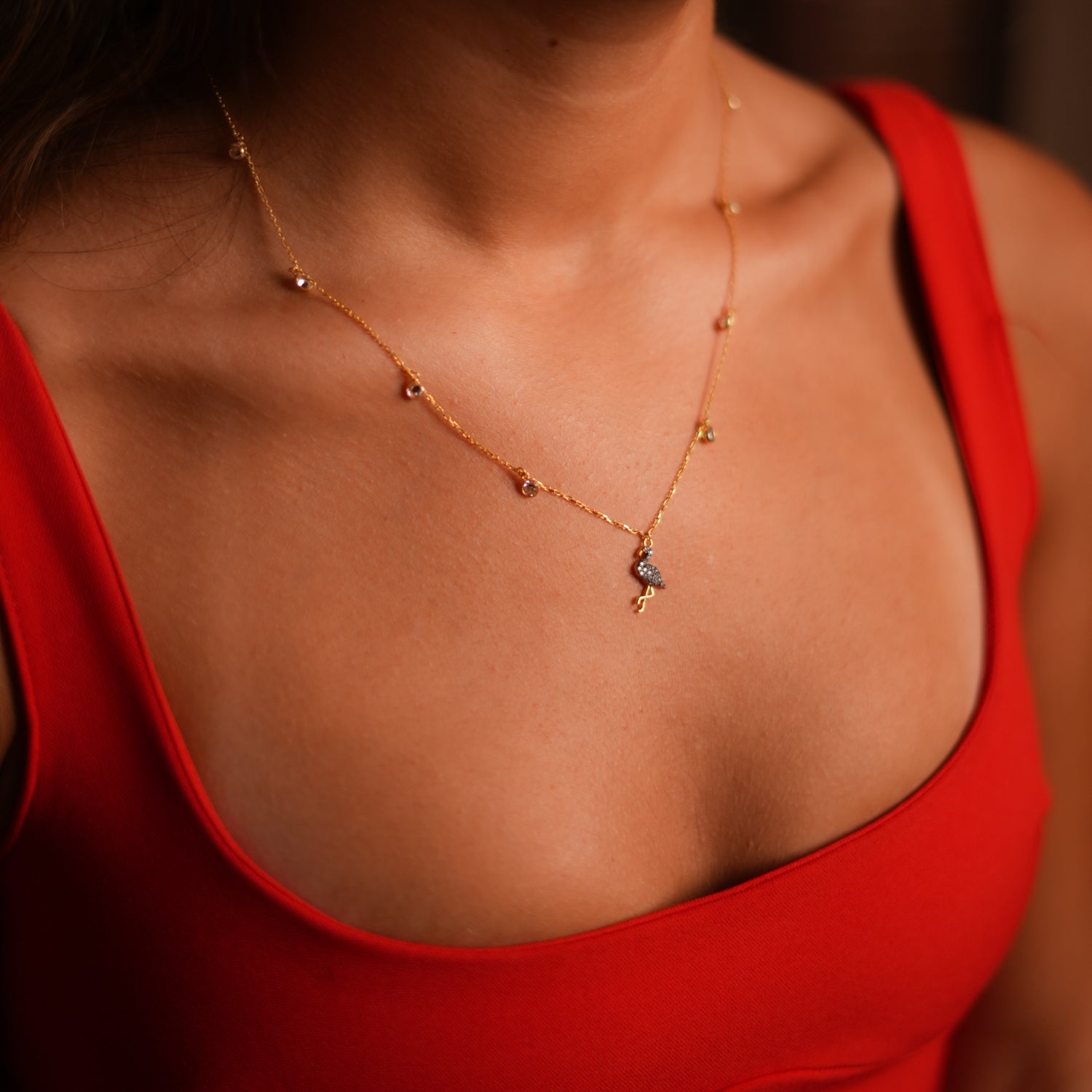 Handmade 18K Gold Flamingo Pendant Necklace with Diamonds for a Meaningful Fashion Statement
