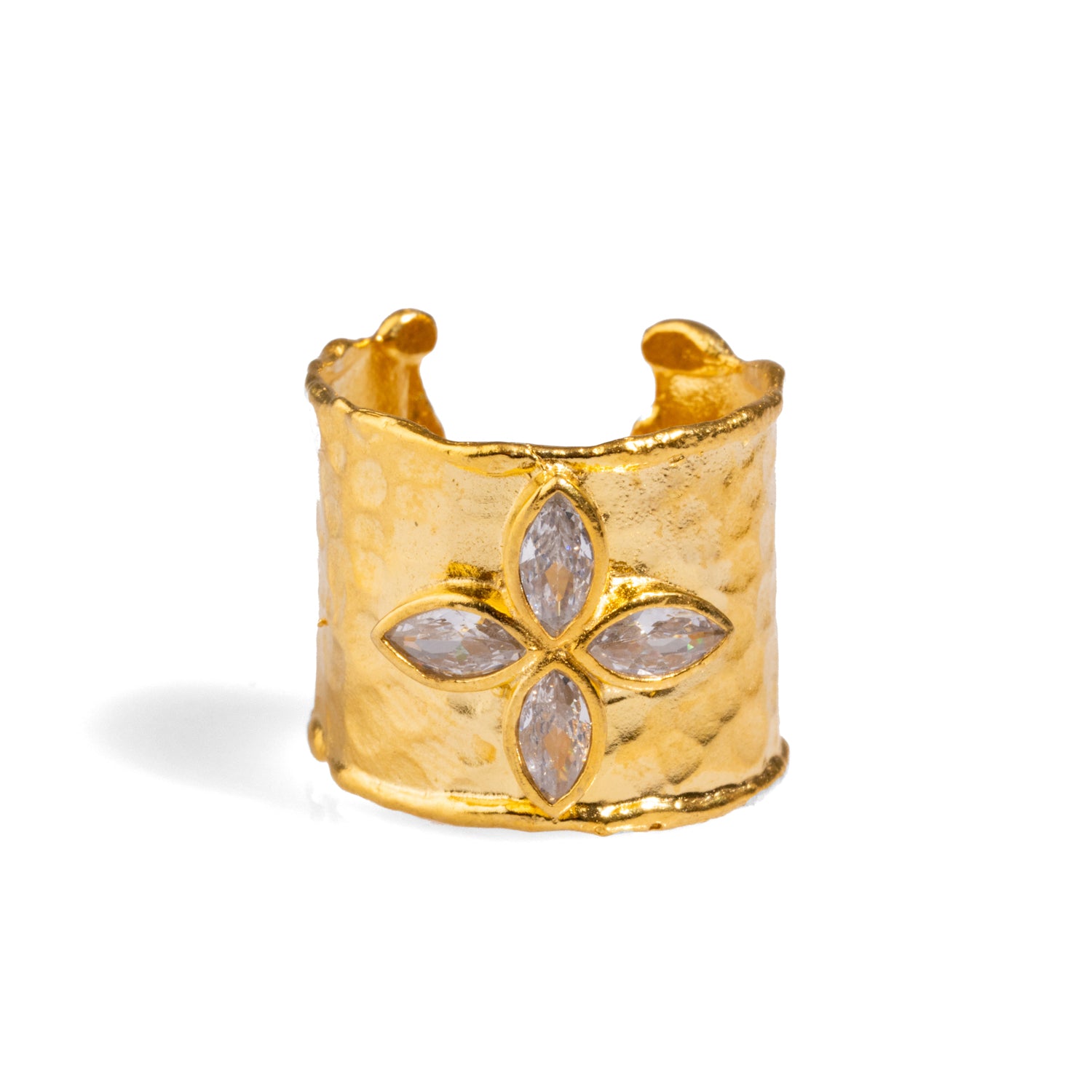 Chunky Gold Cuff Ring with Intricate Floral Design and Sparkling Cz Diamonds
