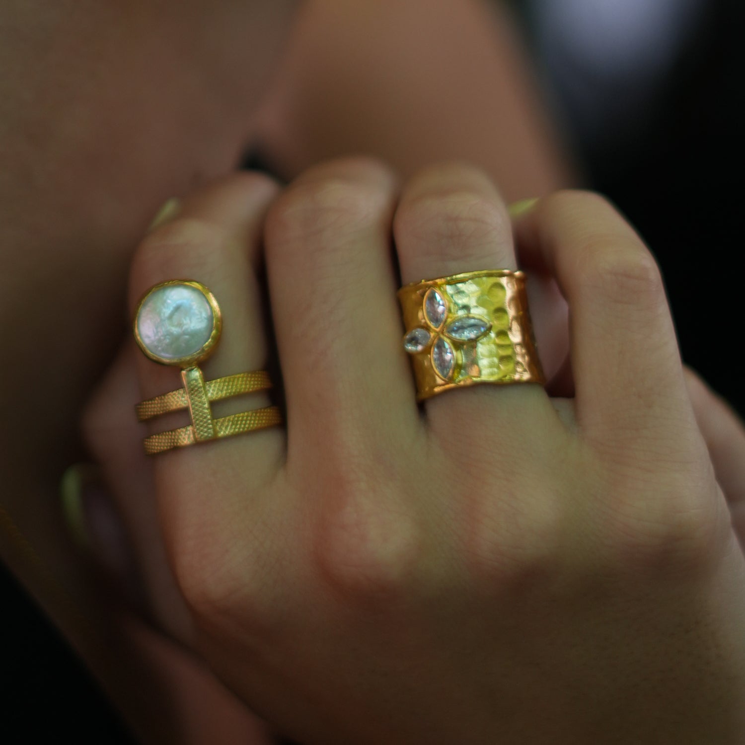 Floral Chunky Cuff Ring with Cz Diamonds, Crafted in 24k Gold for Luxury and Style