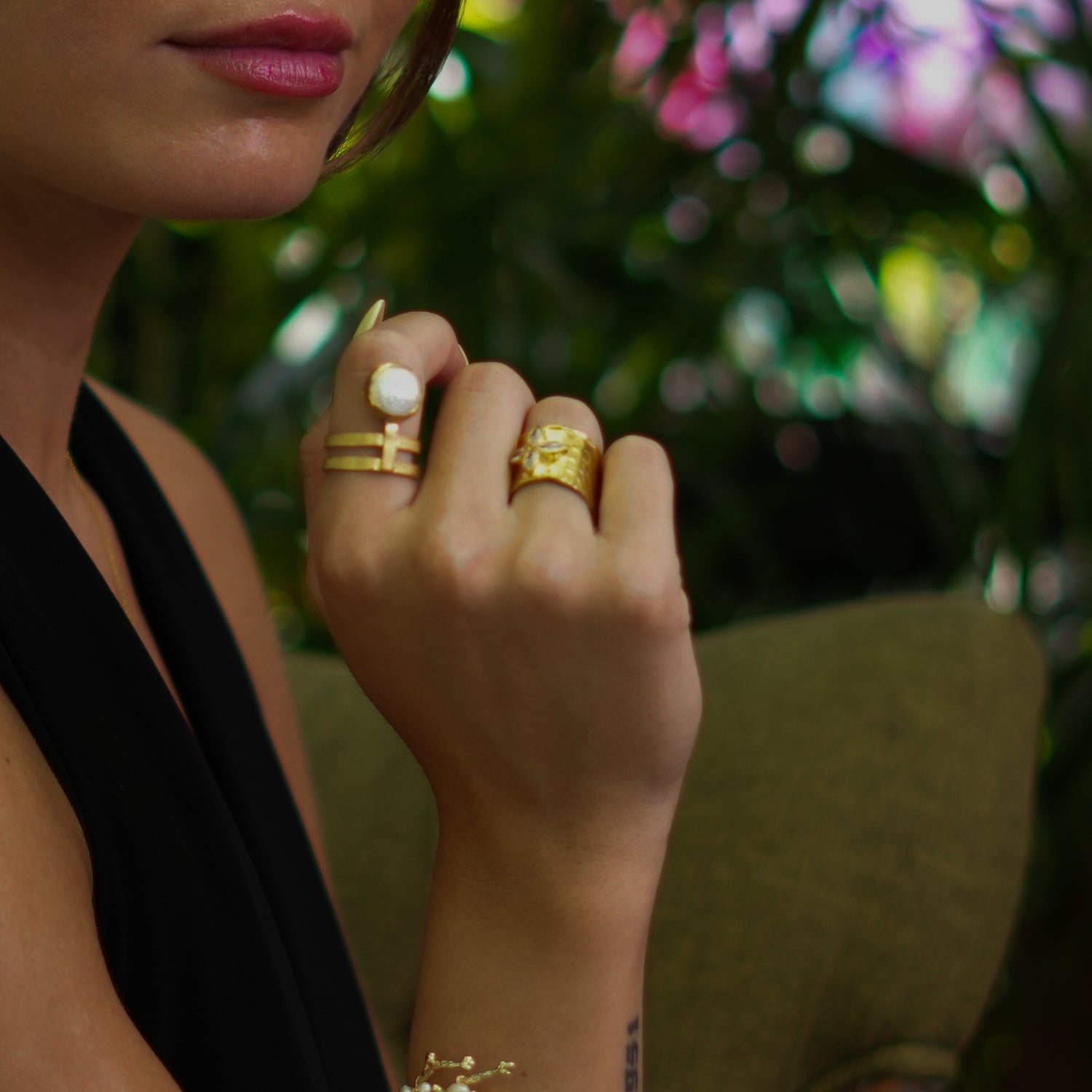 Gold Floral Chunky Cuff Ring with Cz Diamonds, Adjustable for Versatile Styling