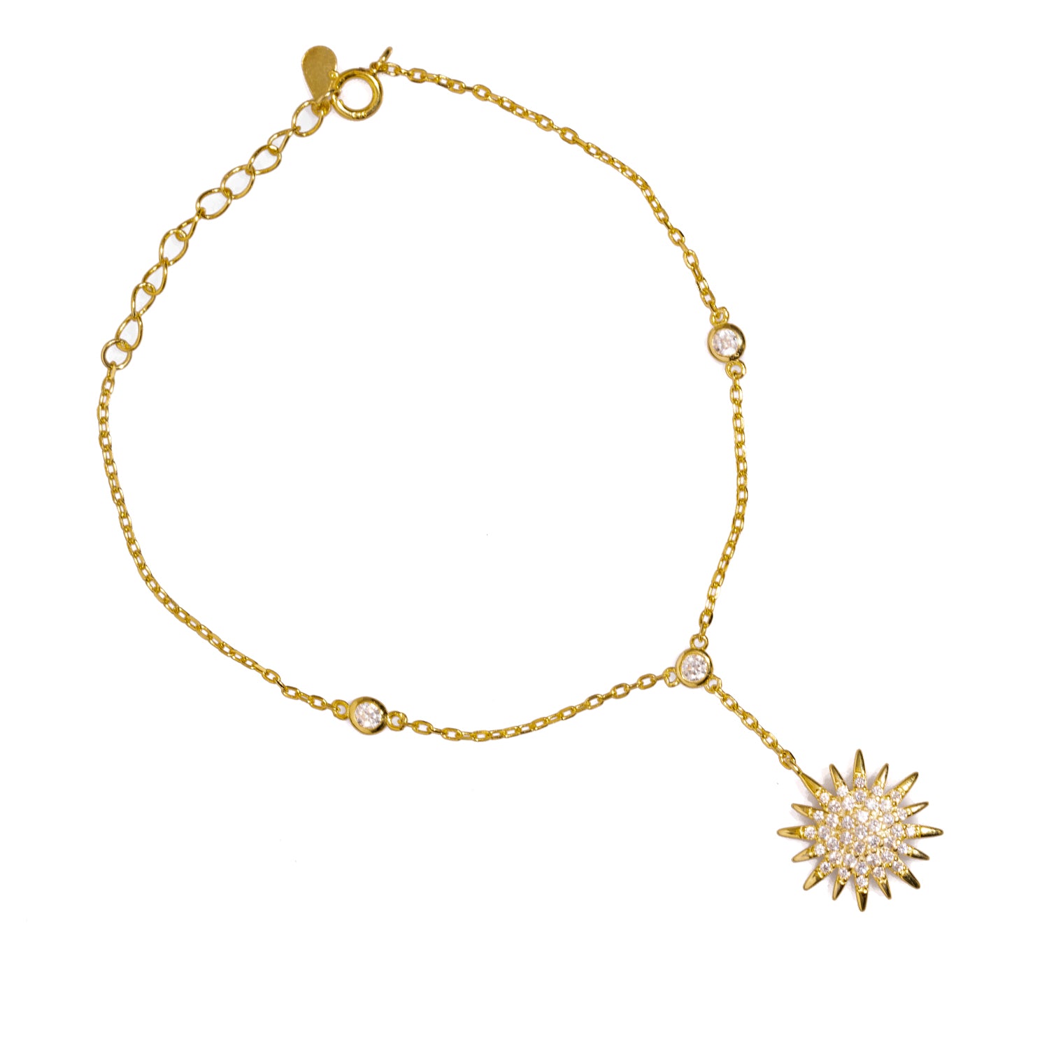 Elegant 18K Gold Hand Chain Bracelet with CZ Diamonds and Sun Pendant for a Bold, Refined Look