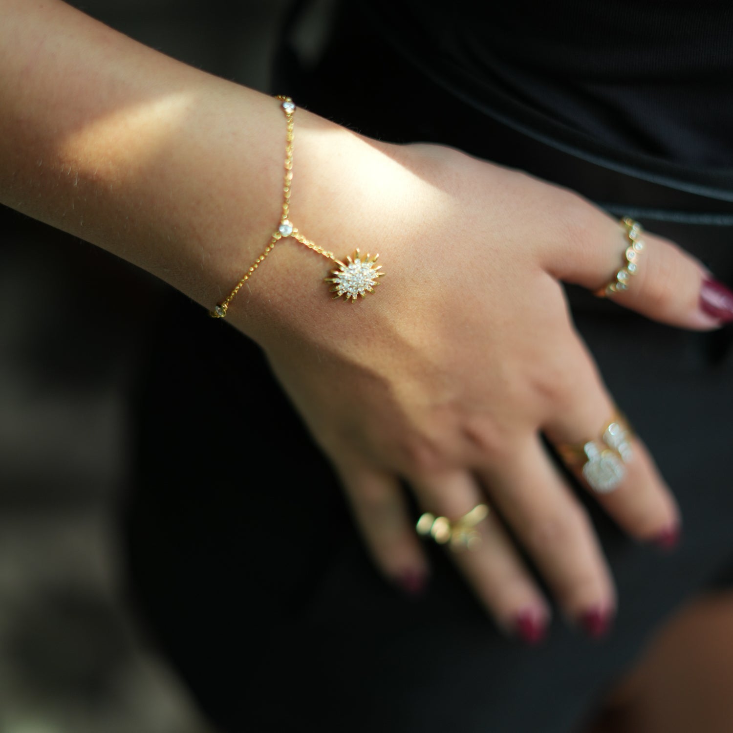 18K Gold-Plated Hand Bracelet with Sun Pendant and CZ Diamonds for Sophisticated Style