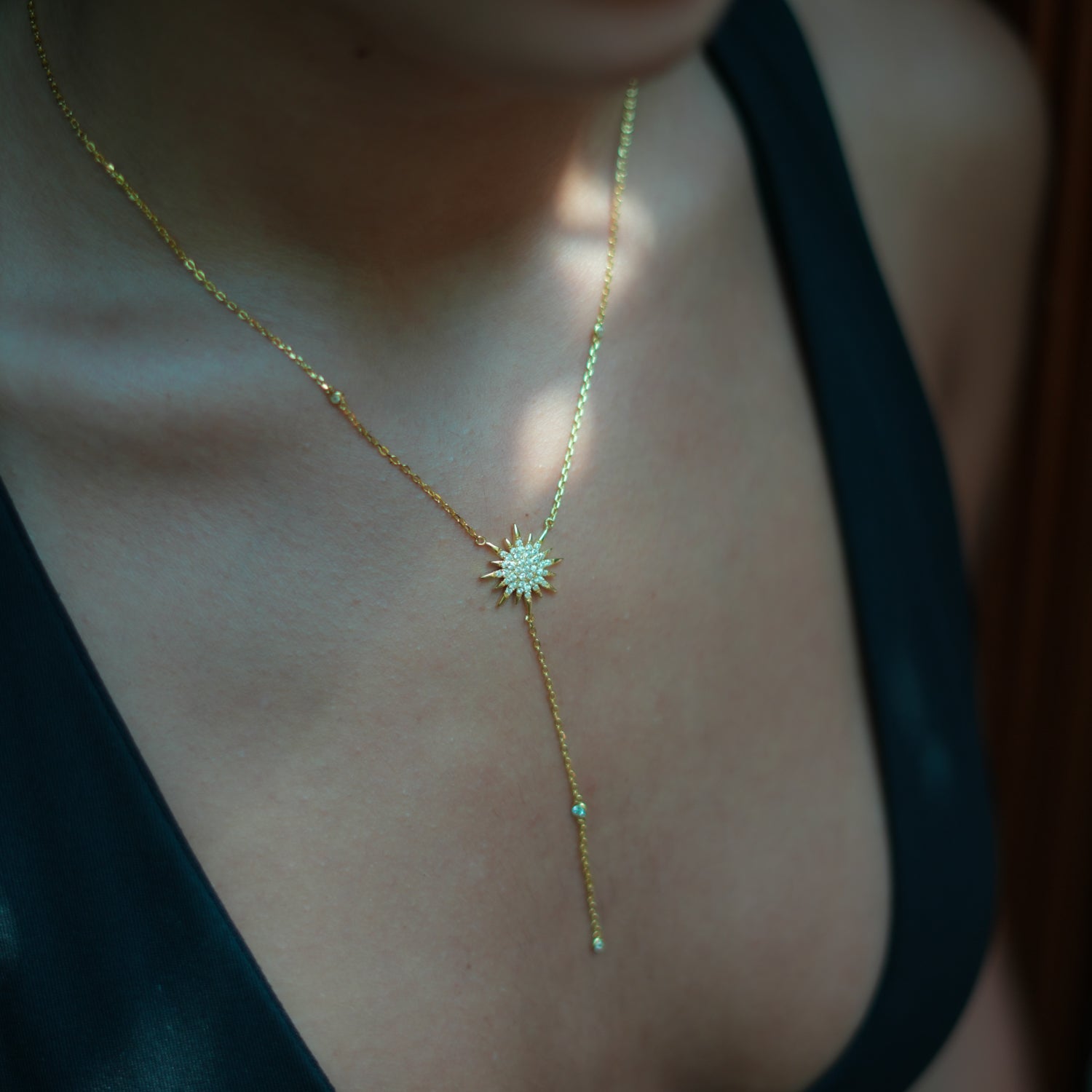 18K Gold Sun Necklace with CZ Diamonds for a Fashionable Statement of Energy and Elegance