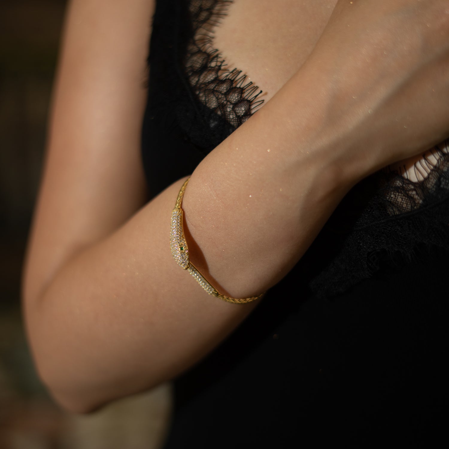 Emerald Serpent Guardian Gold Cuff Bracelet