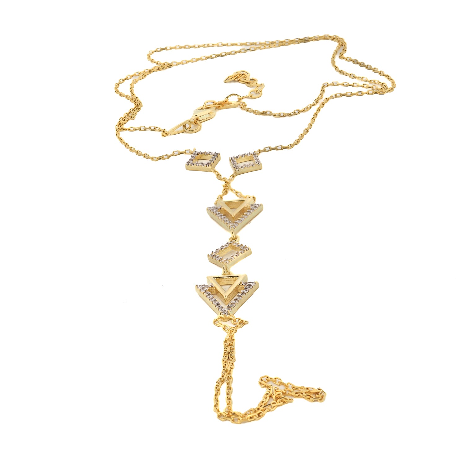 Chic hand bracelet with a diamond-encrusted triangle design on an adjustable 18K gold vermeil chain.