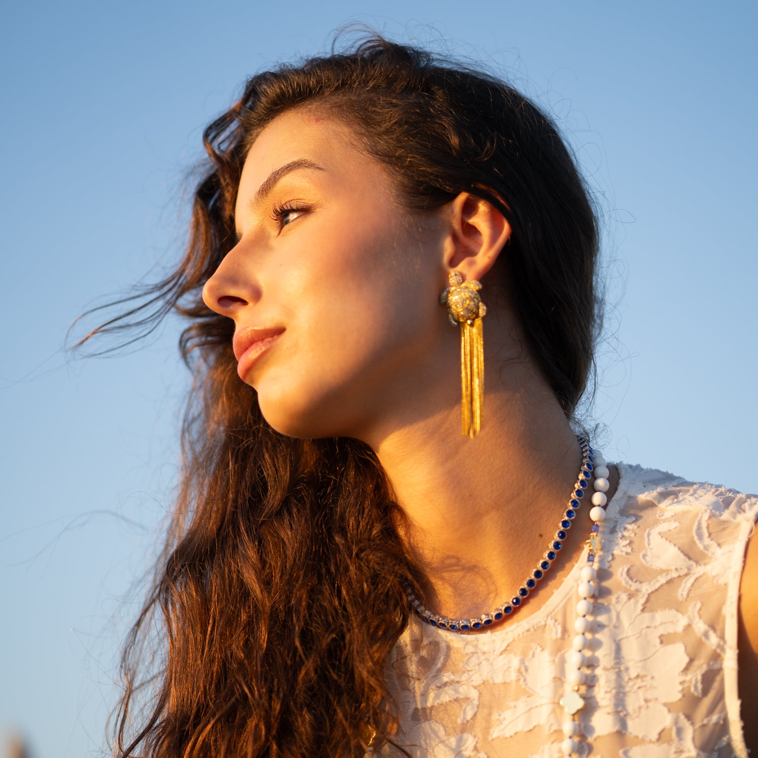 Diamond Turtle Chunky Tassel Earrings