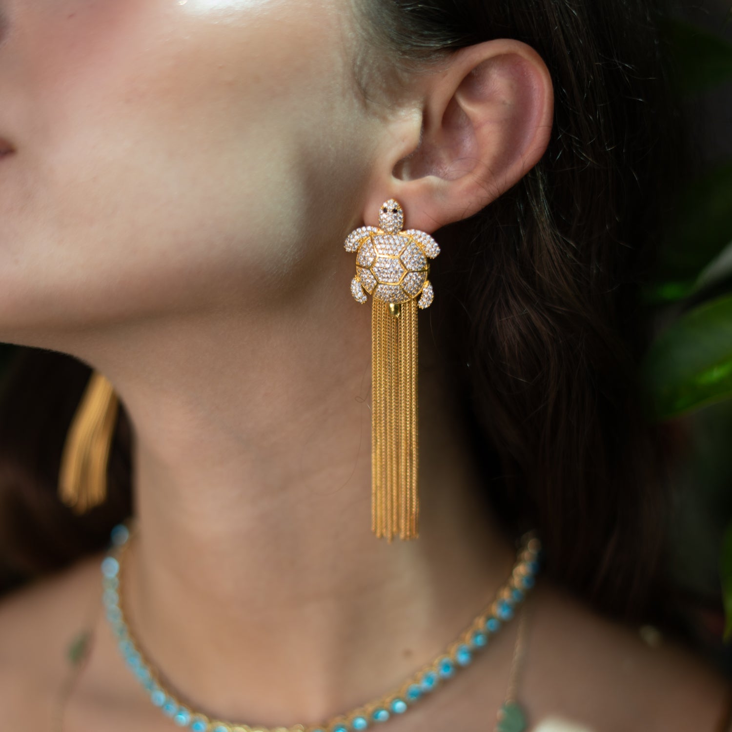 Diamond Turtle Chunky Tassel Earrings