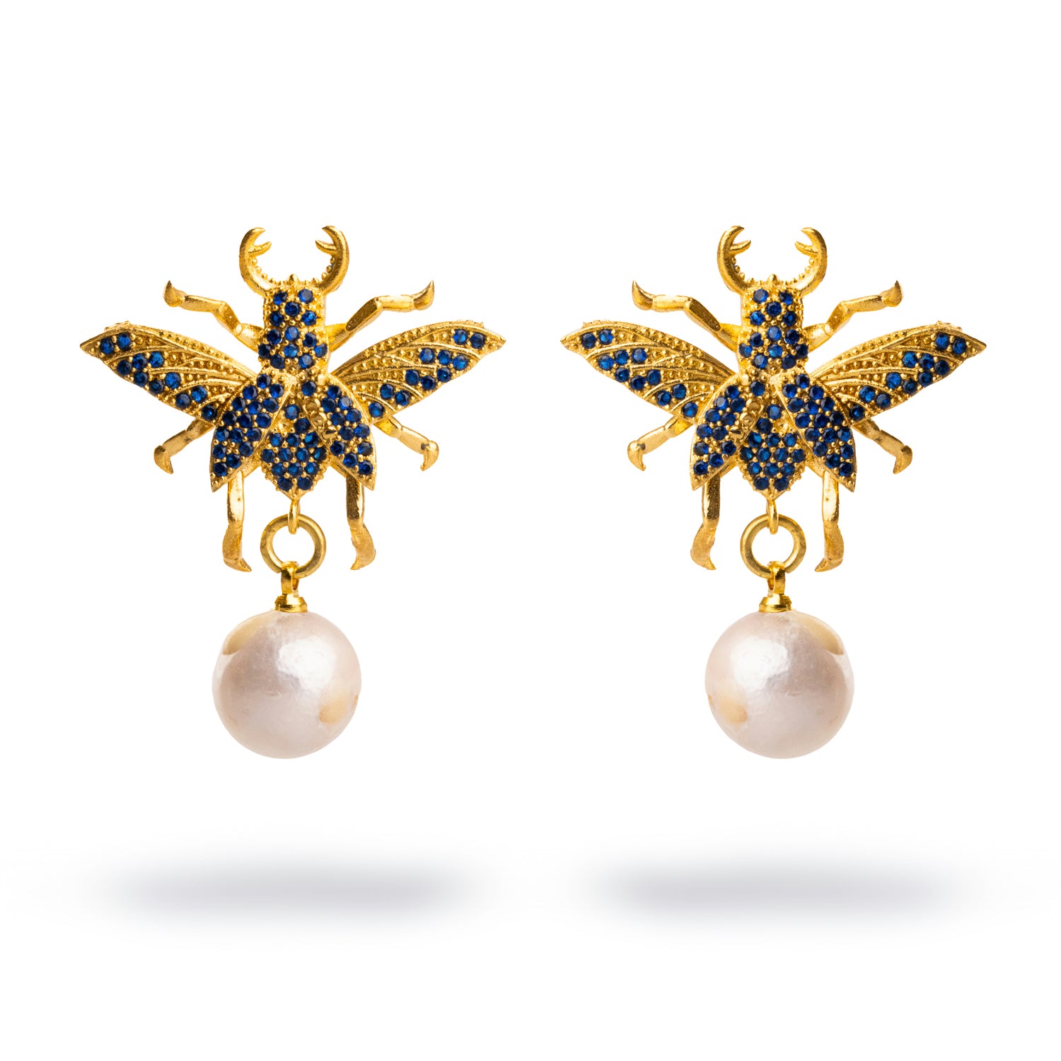 Bold 24k gold-plated chunky earrings featuring a regal queen bee motif with radiant sapphire stones and a delicate pearl drop.