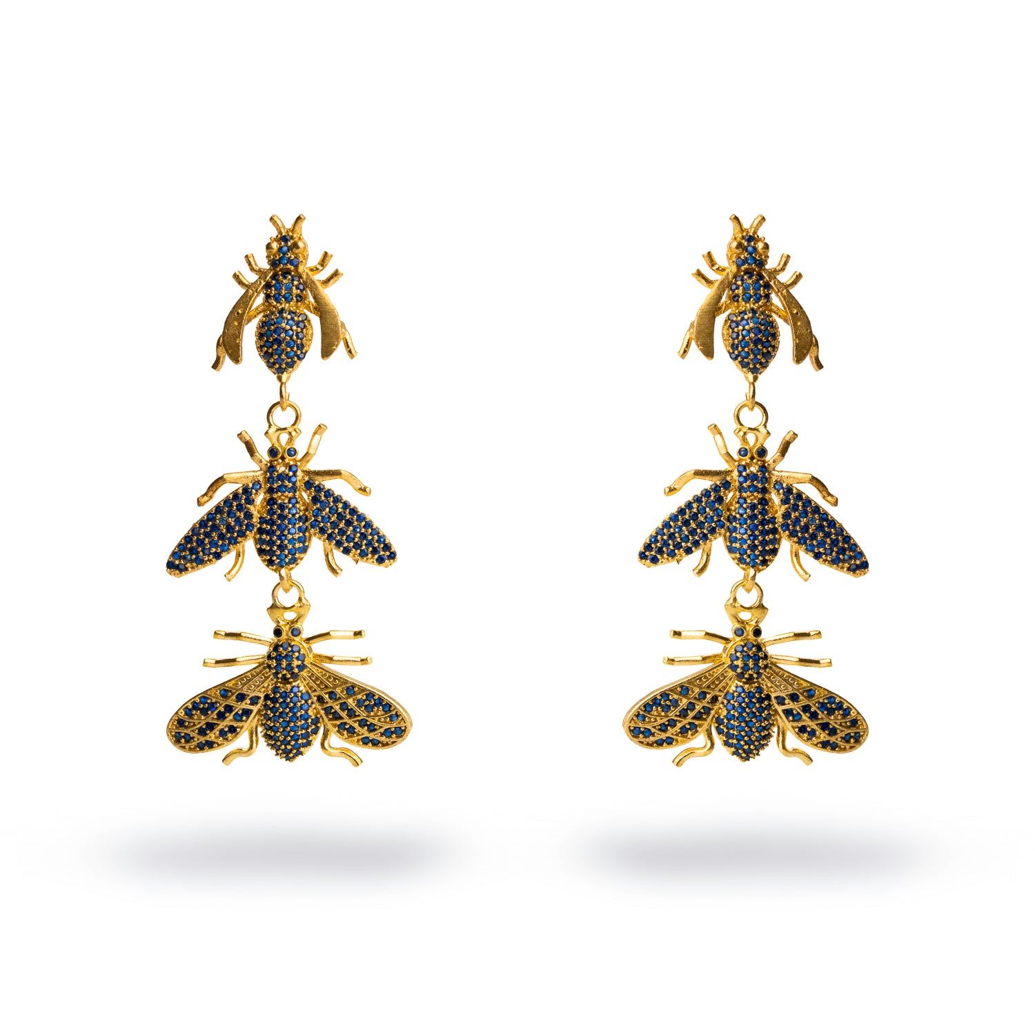 Elegant 24k gold-plated dangle earrings featuring three descending queen bee motifs, each adorned with dazzling sapphire stones.