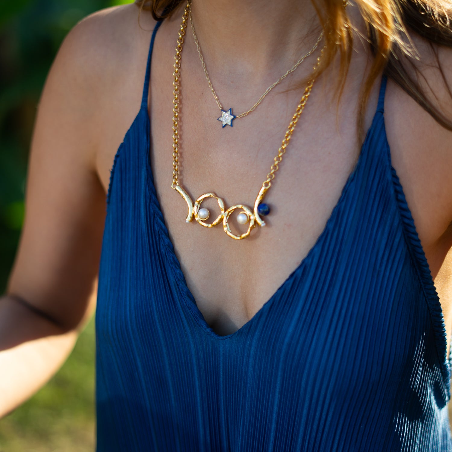 Divine Star of David Blue Enamel Gold Necklace
