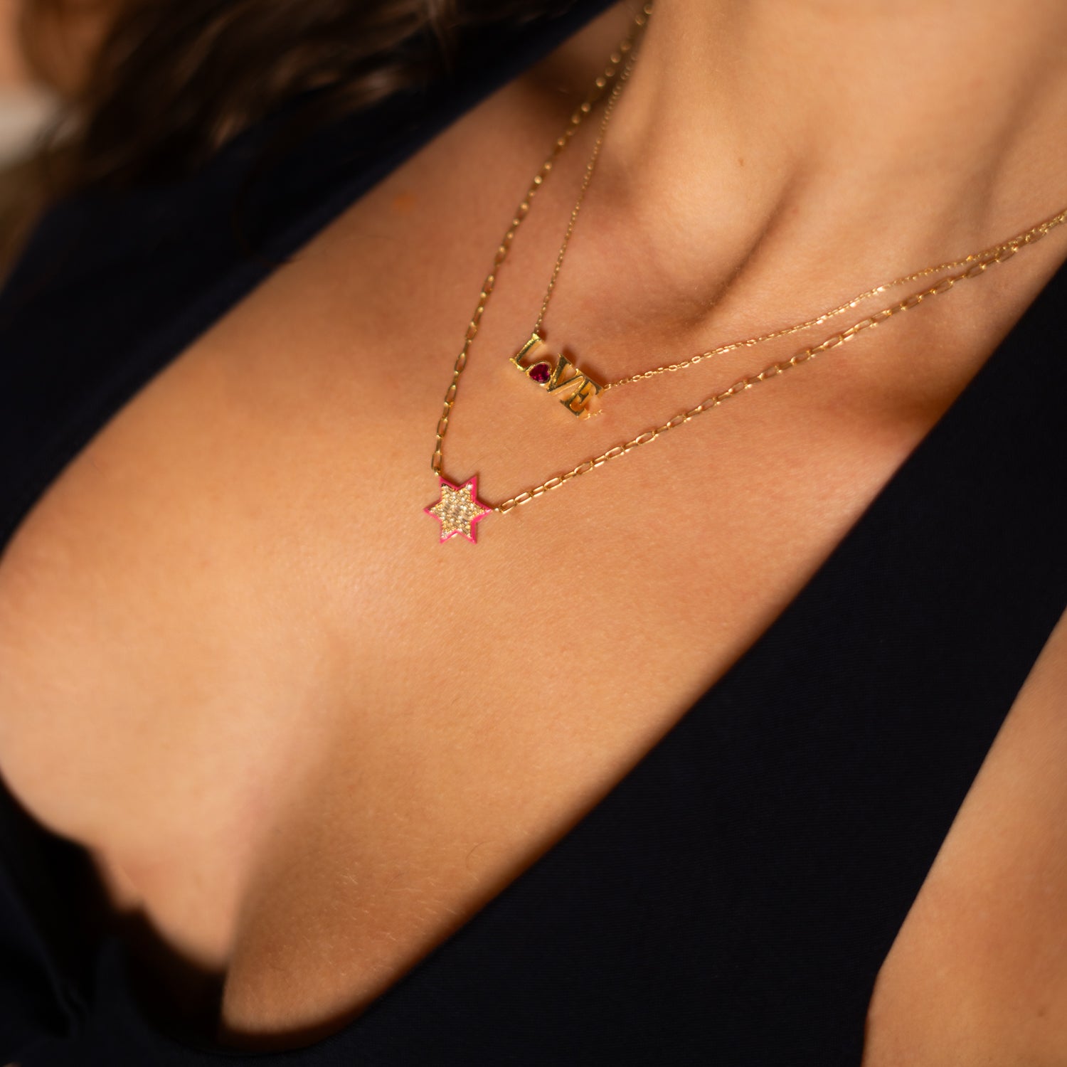 Divine Star of David Red Enamel Gold Necklace