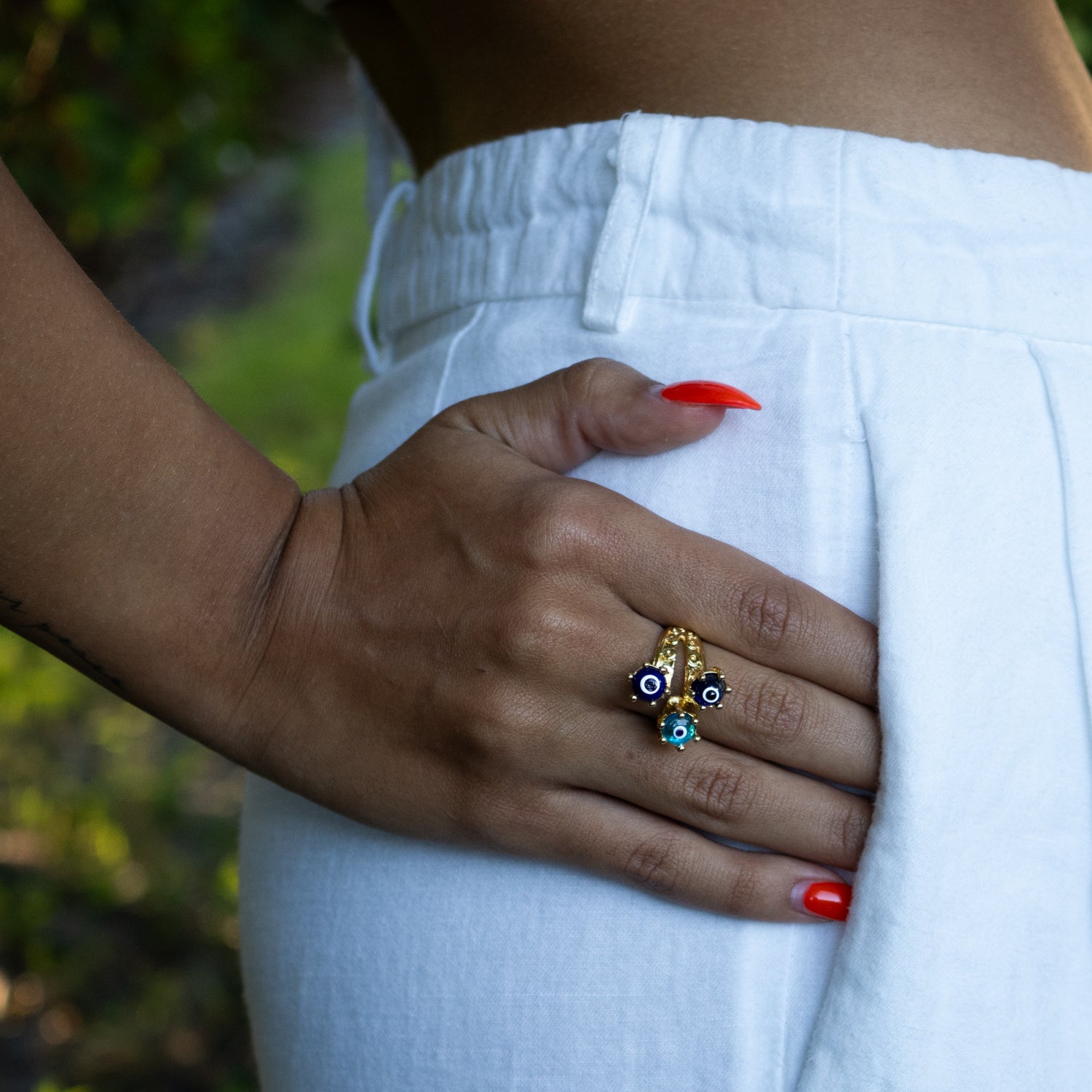 Divine Trio Evil Eye Adjustable Gold Ring