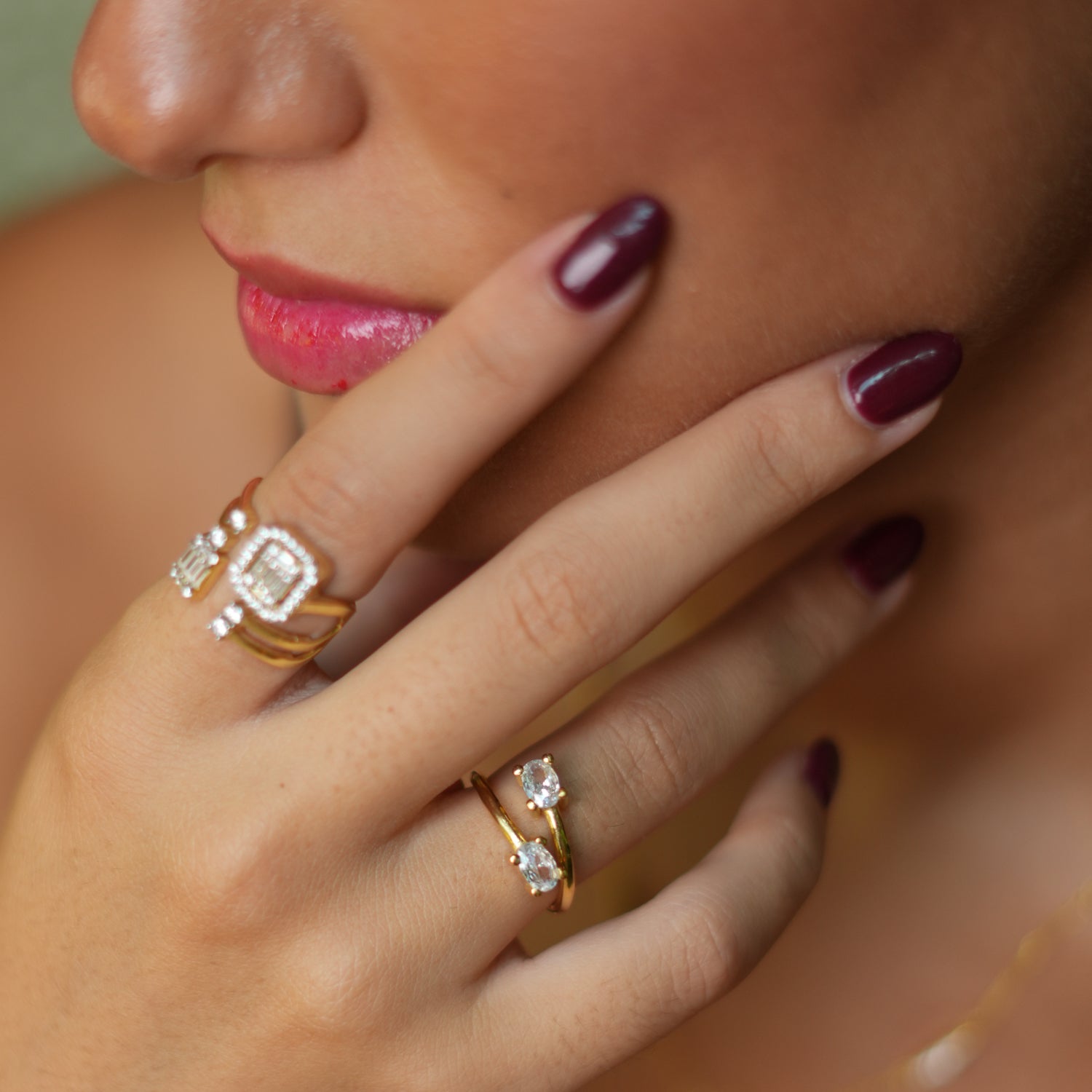 24k Gold-Plated Adjustable Ring with Two Sparkling Cz Diamond Stones