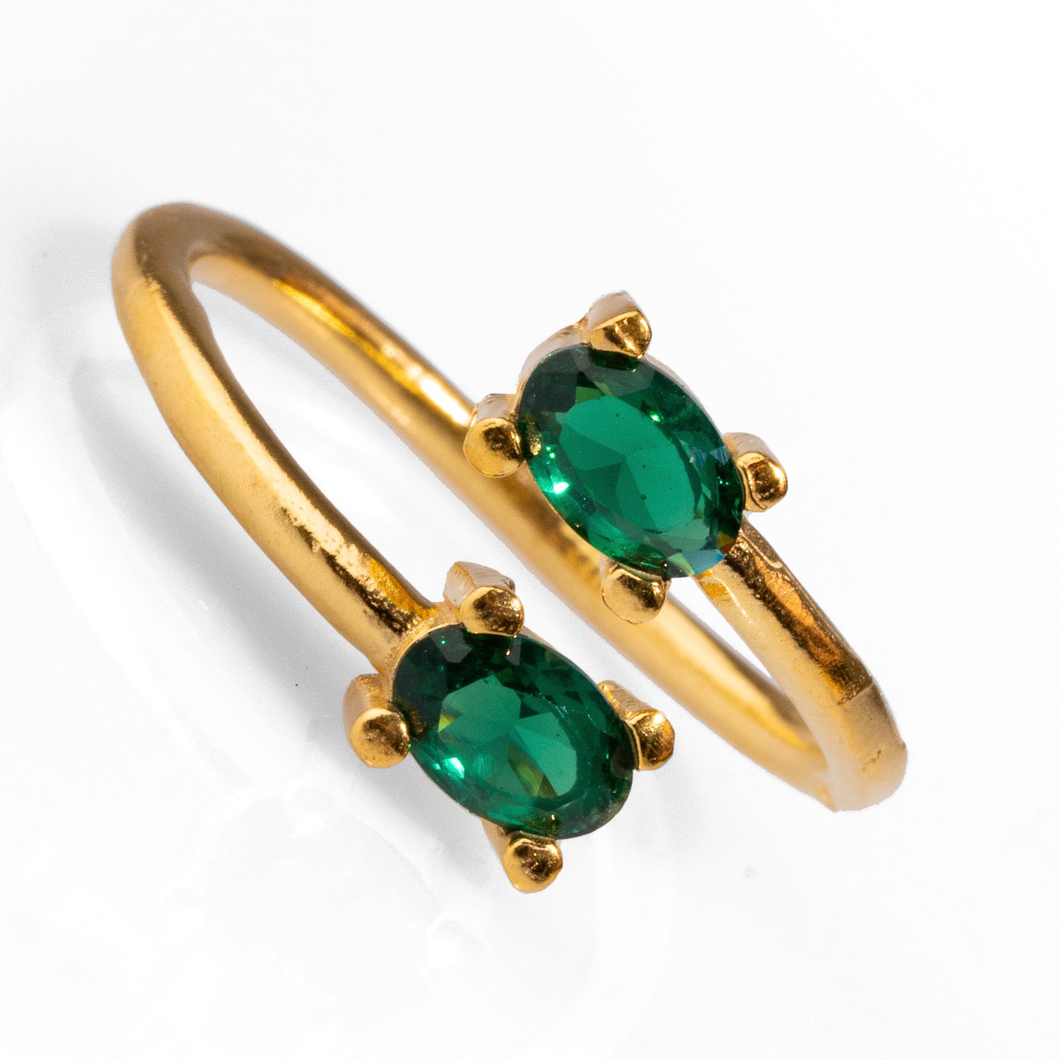 Minimalist Design Double Emerald Stone Adjustable Ring with 24K Gold Plating