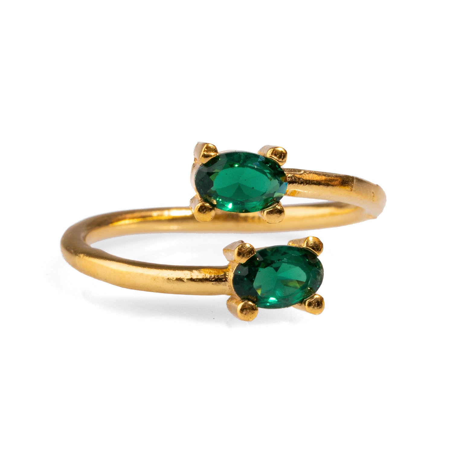 24K Gold-Plated Dainty Adjustable Ring with Two Striking Emerald Stones