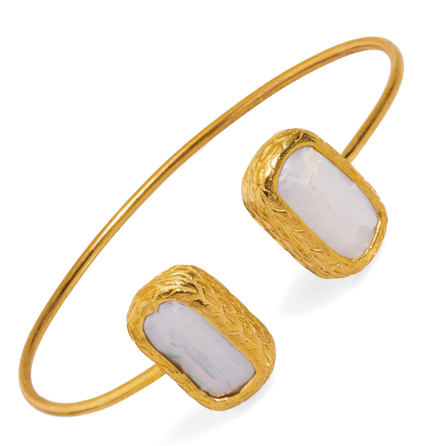 24K Gold Open Cuff Bracelet with Rectangular Pearl Stone Accents for Contemporary Chic