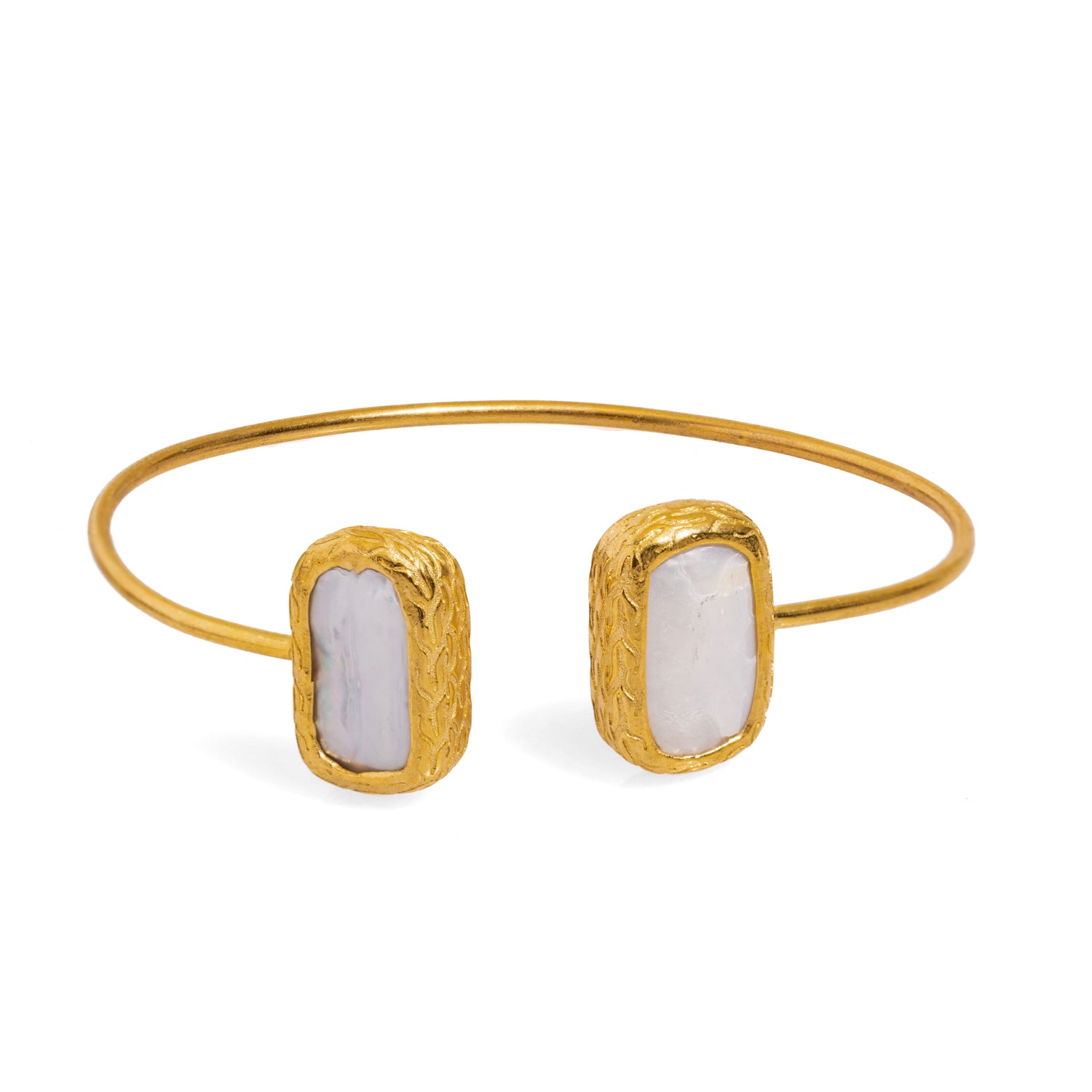 24K Gold-Plated Open Cuff Bracelet with Double Pearl Stones for Sophisticated Style