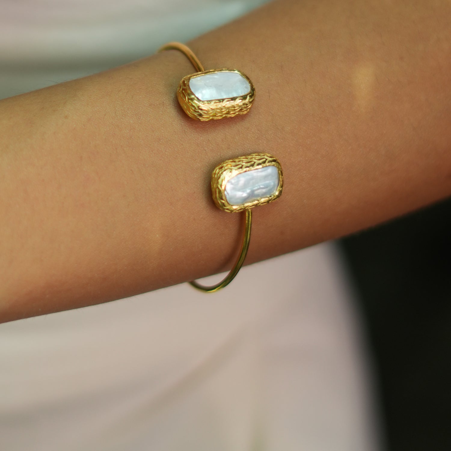 Double Pearl Stone Gold Cuff Bracelet for a Unique, Refined Look and Timeless Elegance