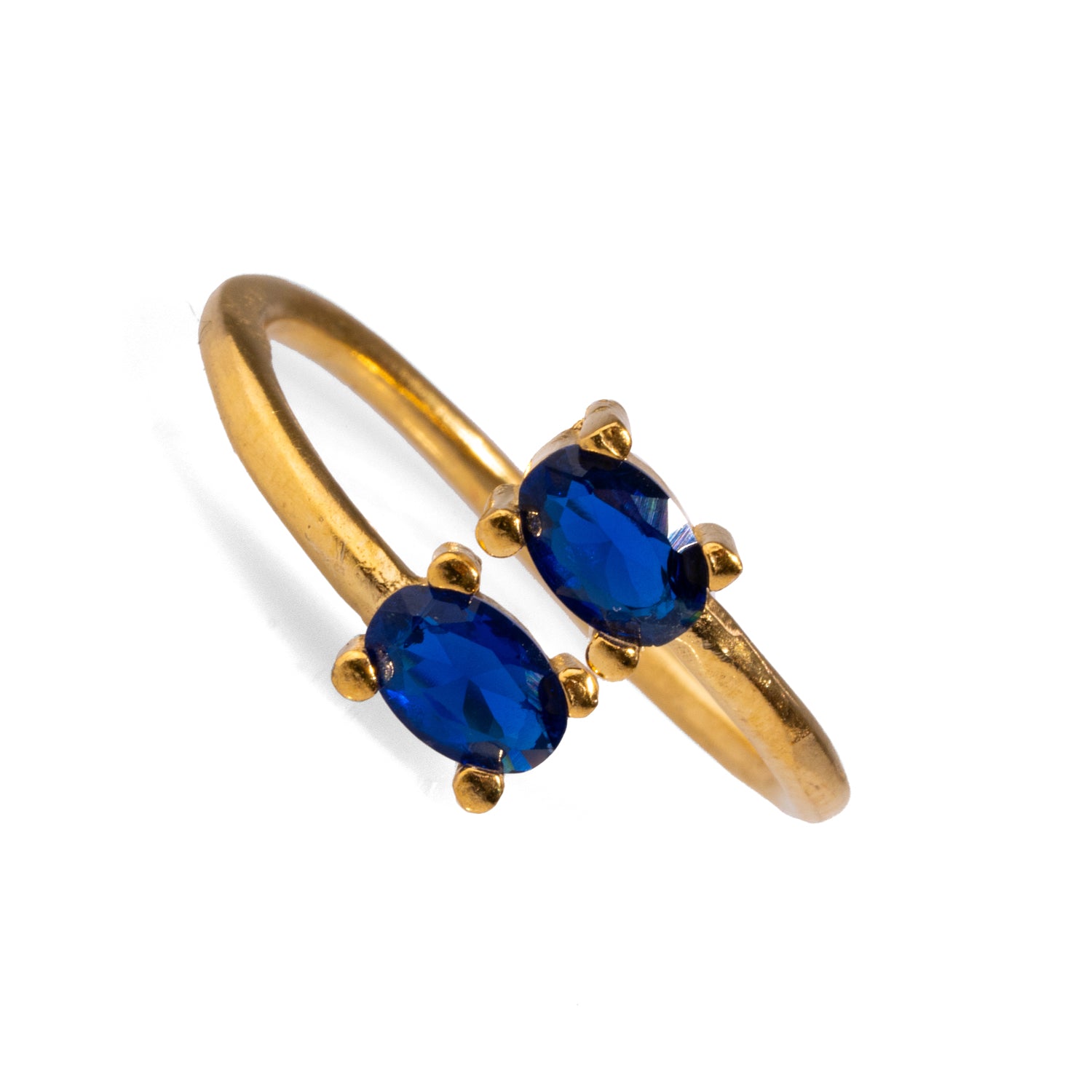 24k Gold-Plated Adjustable Ring with Double Sapphire Stones for Effortless Style