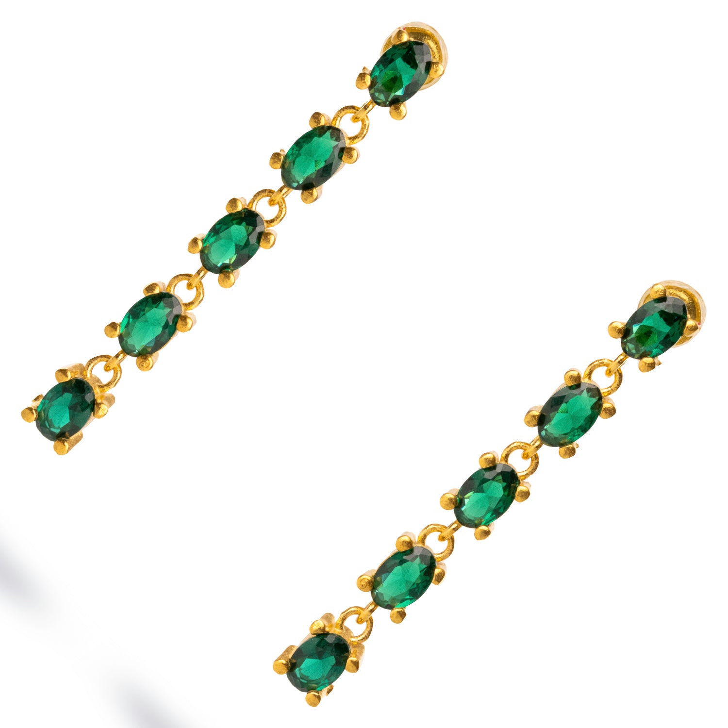 Chic 24k gold-plated earrings showcasing a vertical cascade of green emeralds, perfect for adding a subtle glow to any outfit.
