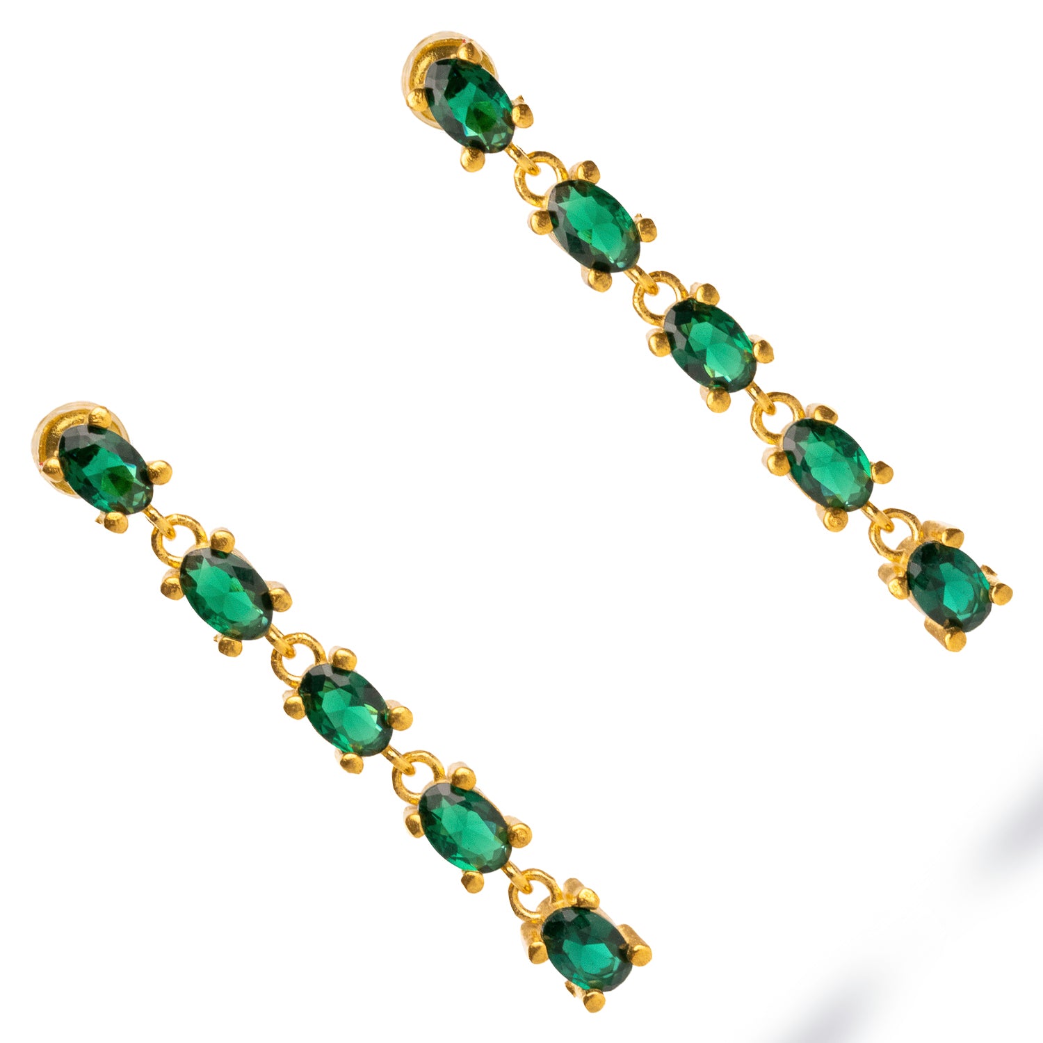 Luxurious drop earrings featuring emerald stones set in 24k gold-plated frames, offering a delicate yet striking addition to your style.