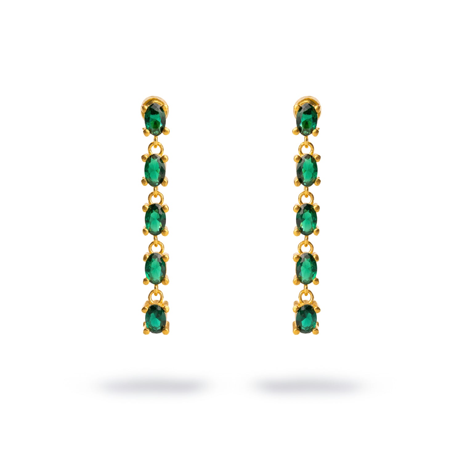 Elegant 24k gold-plated earrings featuring a straight line of dazzling emerald stones cascading down for a refined, luxurious look.