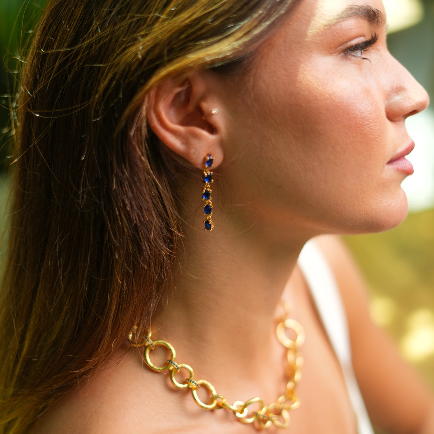 Sapphire Stone Drop Earrings with Gold-Plated Frames for a Sophisticated Fashion Statement