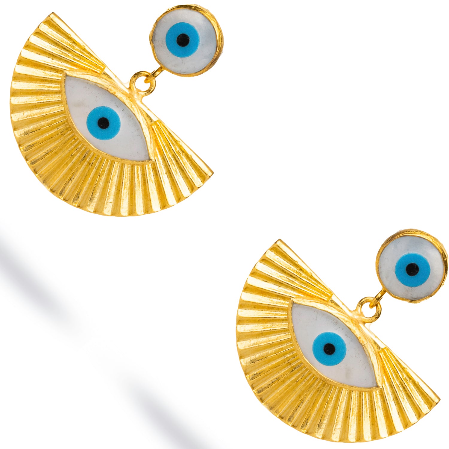Dual evil eye earrings with pearl and blue enamel details, set in a chunky 24k gold-plated design for a standout accessory.