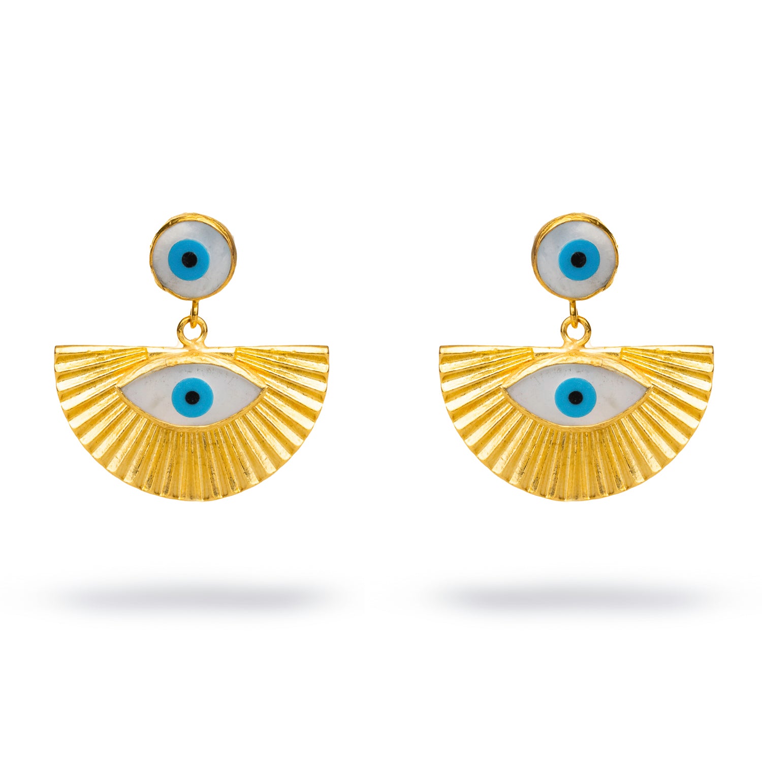 Chunky gold earrings featuring dual evil eye designs with blue enamel and pearl accents, offering a blend of elegance and mystical energy.