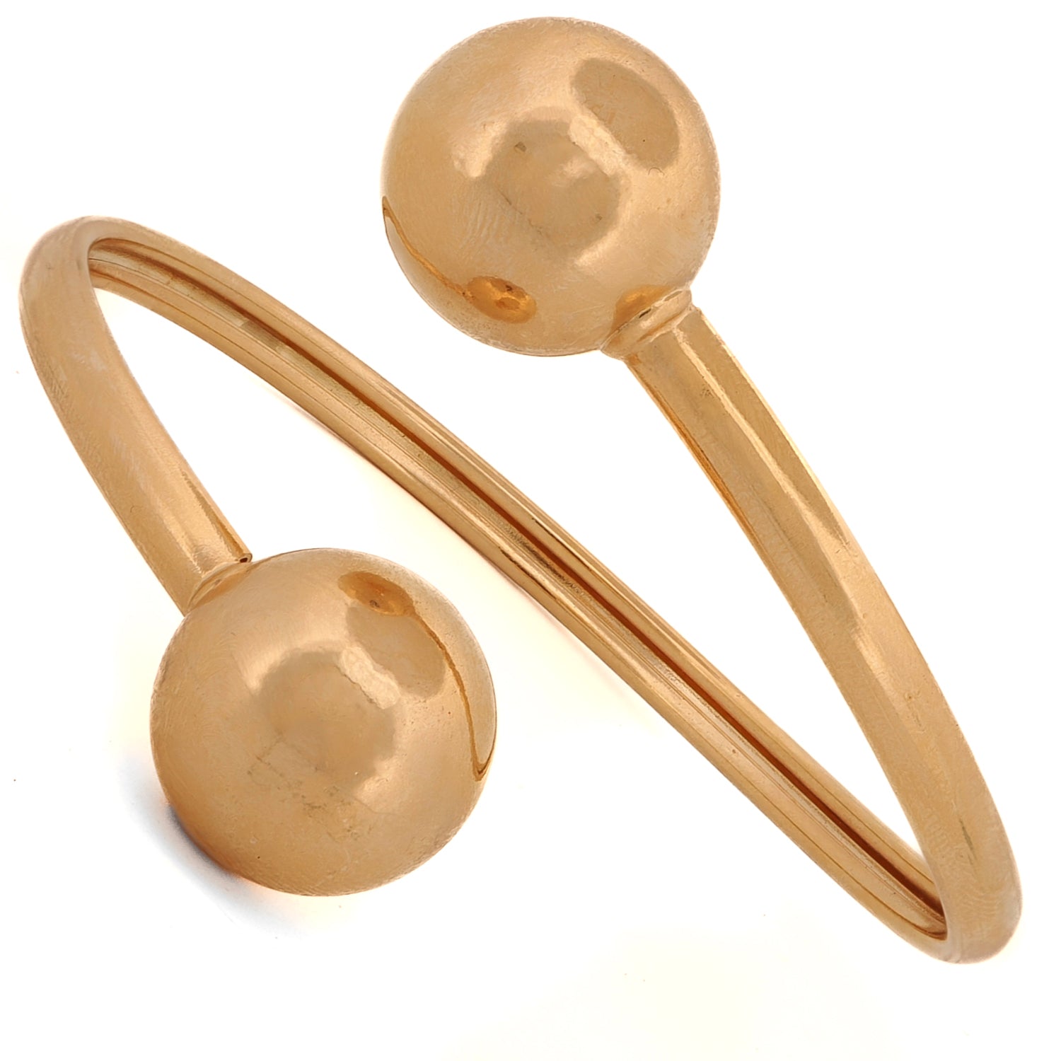 Modern Dual Orb Gold Cuff Bracelet with a sleek design and 24K gold-plated finish for a refined look.