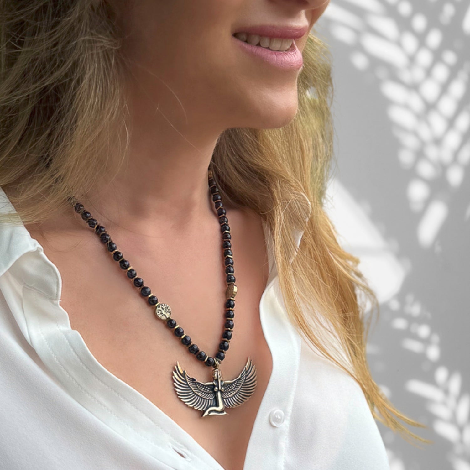 Handmade Goddess Isis Pendant Necklace with Gold Hematite Tree of Life Beads and Black Sand Star Stone Beads