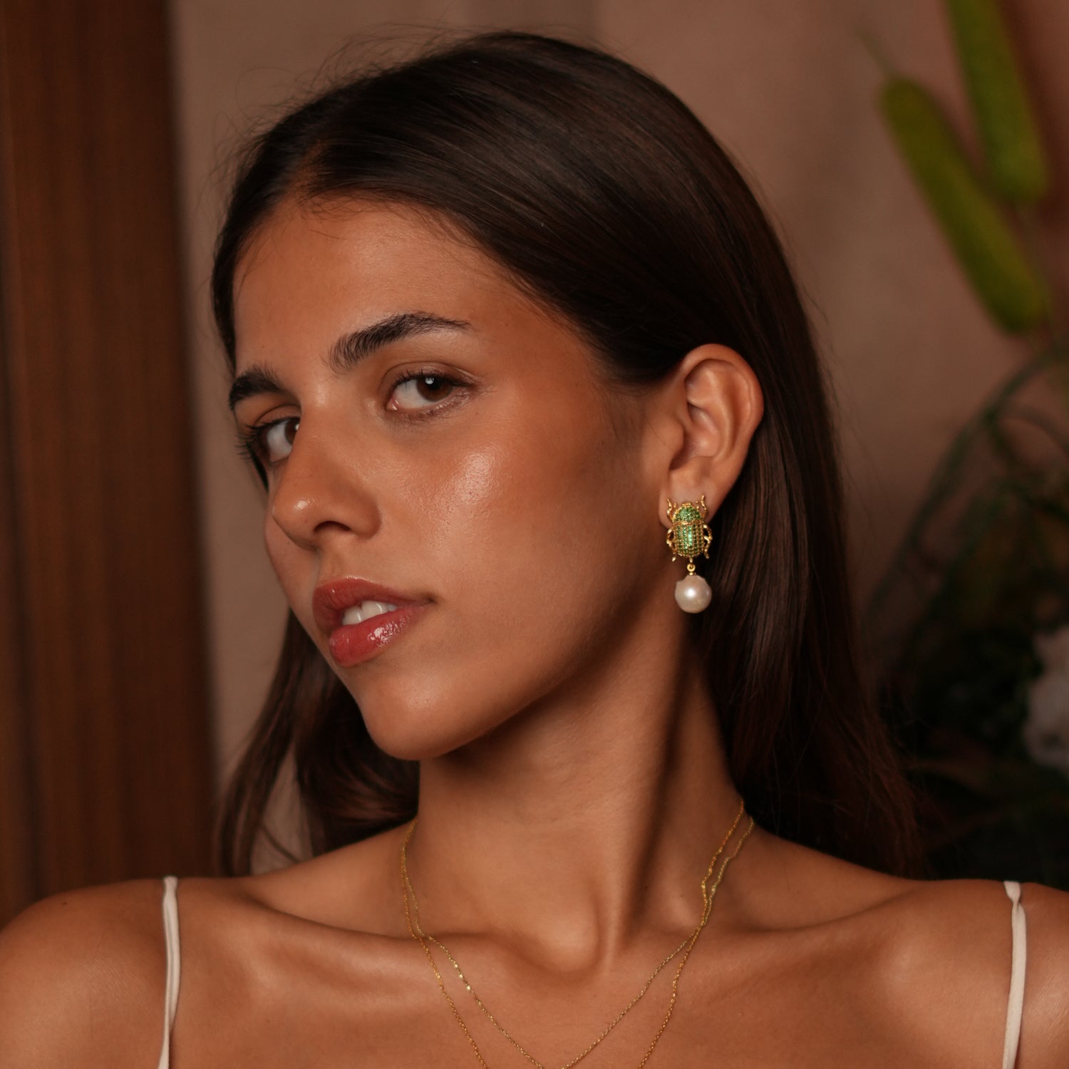 24K Gold-Plated Scarab Earrings with Emerald Stones and Dangling Pearl for Celestial Style