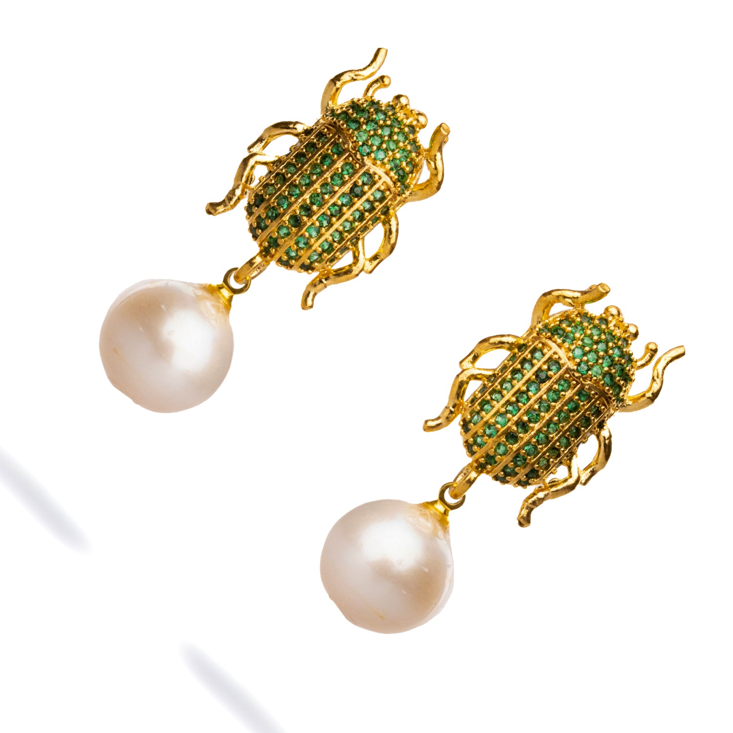 Gold-Plated Egyptian Scarab Earrings with Emerald and Pearl for Mystical Energy and Chic Elegance