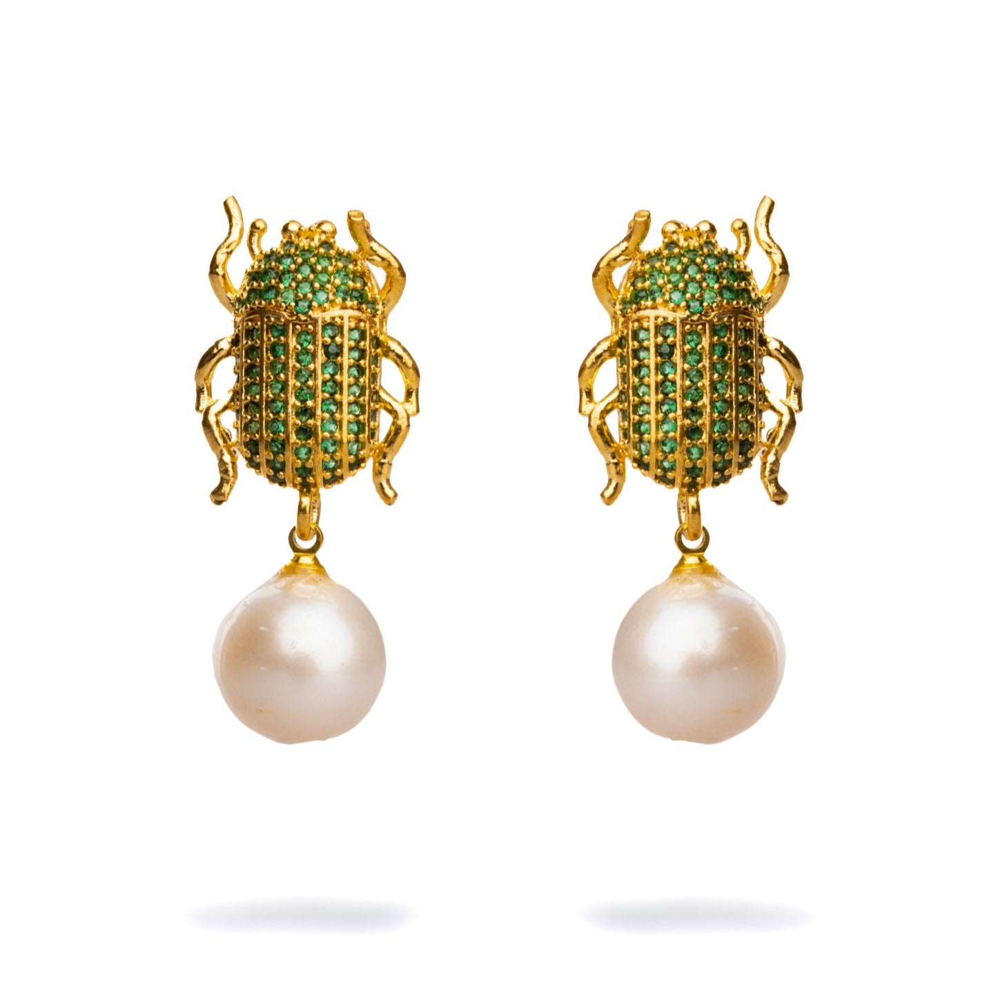 Handcrafted 24K Gold Scarab Earrings with Emerald Stones and Pearl Drop for Mystical Sophistication