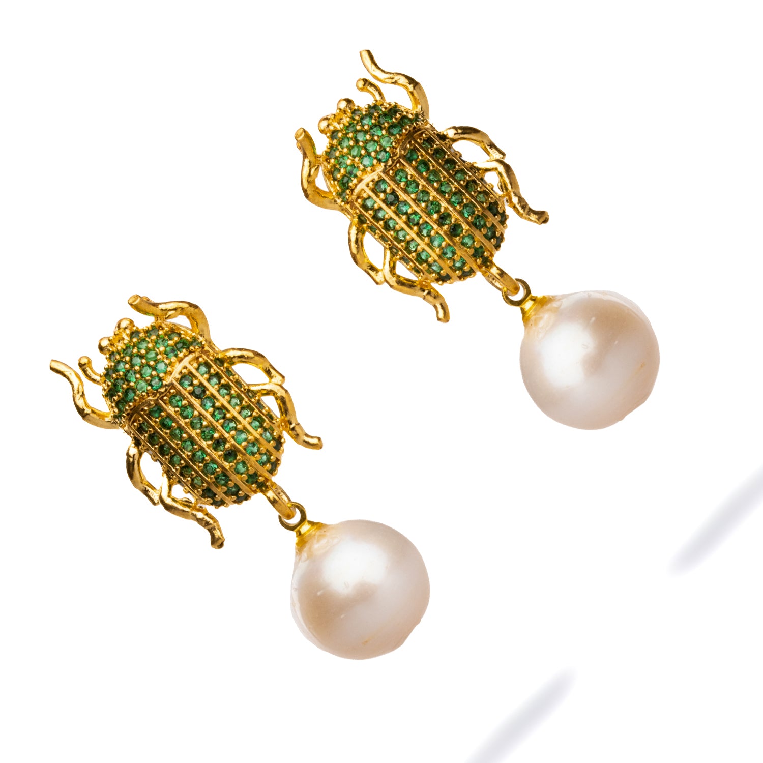 Gold Scarab Earrings with Emerald and Pearl for a Combination of Mystical Charm and Timeless Elegance