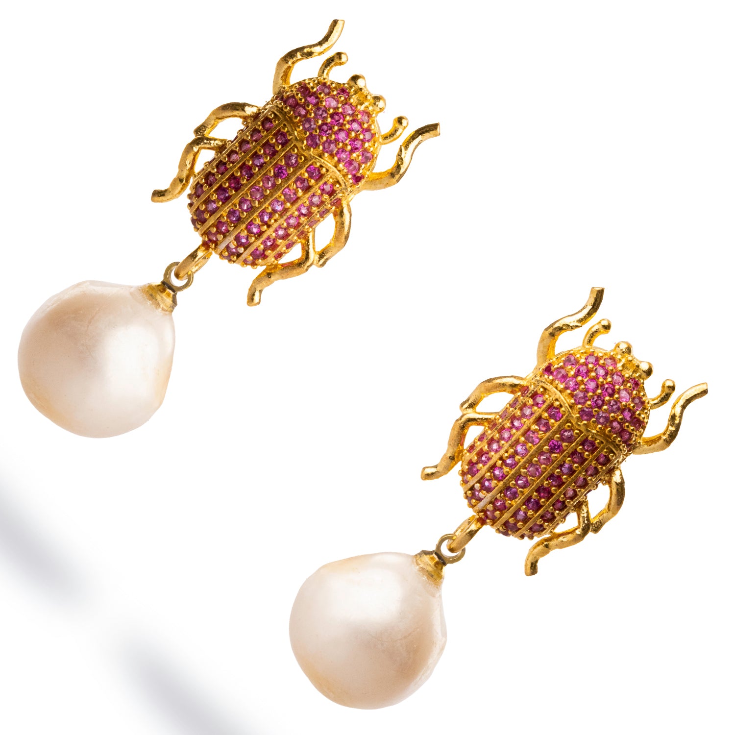 Egyptian Scarab Earrings with Ruby and Pearl for a Spiritual and Luxurious Look
