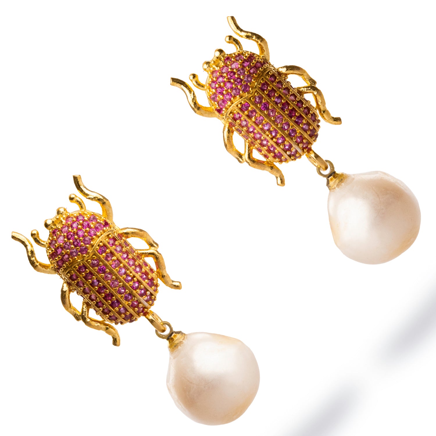 Gold Scarab Earrings with Ruby and Pearl for a Combination of Mystical Charm and Timeless Elegance