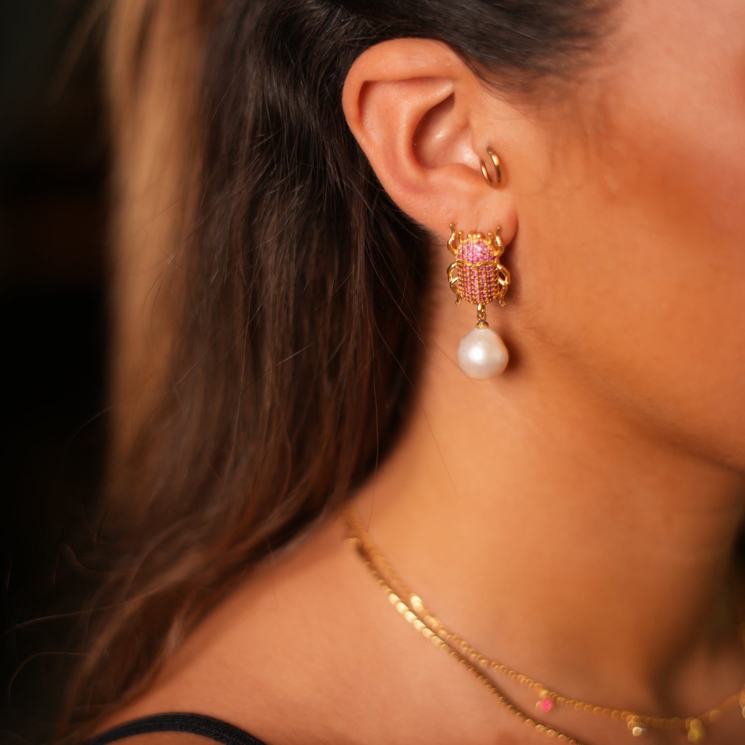 Mystical 24K Gold Egyptian Scarab Earrings with Ruby Stones and Dangling Pearl for Elegance