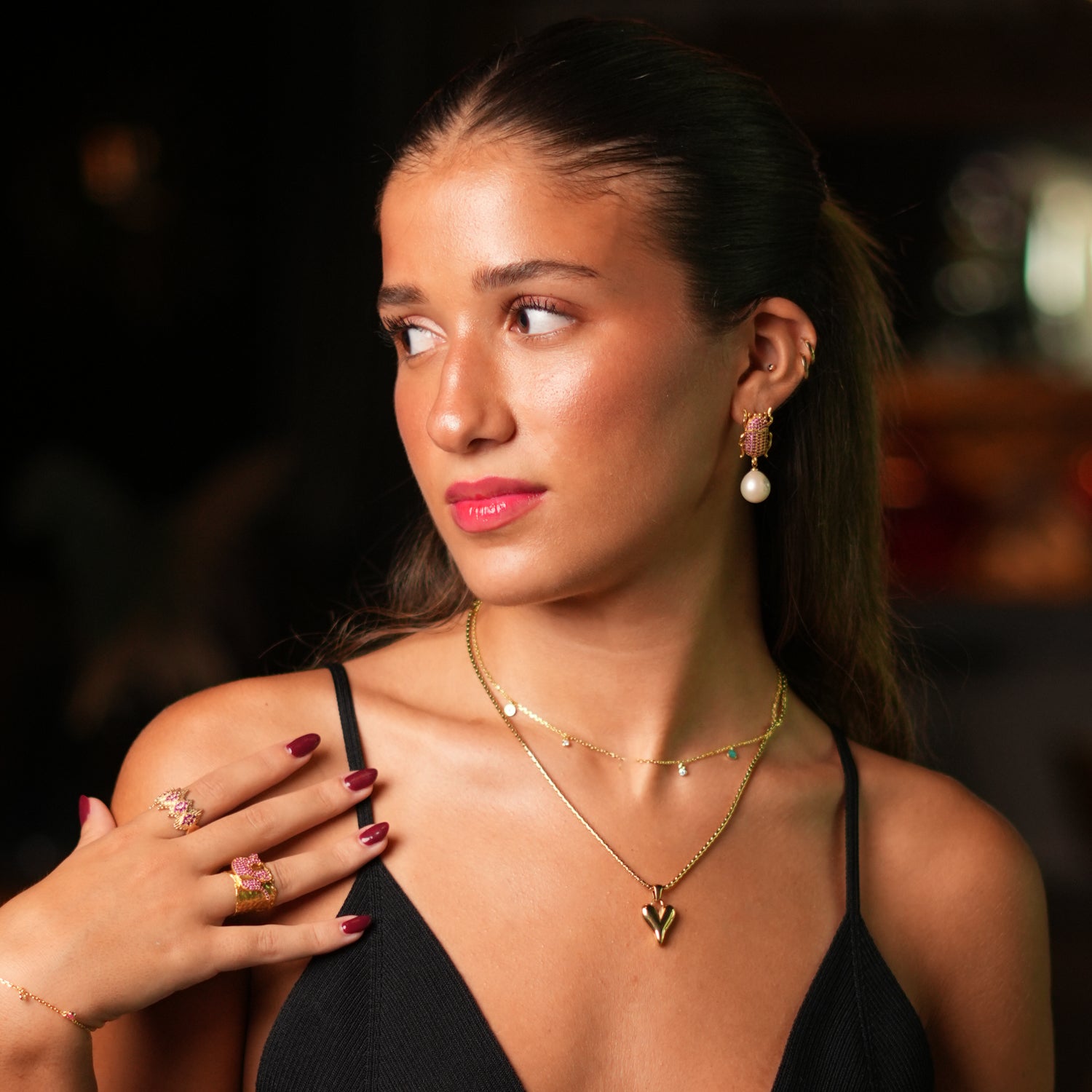 Handcrafted 24K Gold Scarab Earrings with Ruby Stones and Pearl Drop for Mystical Sophistication
