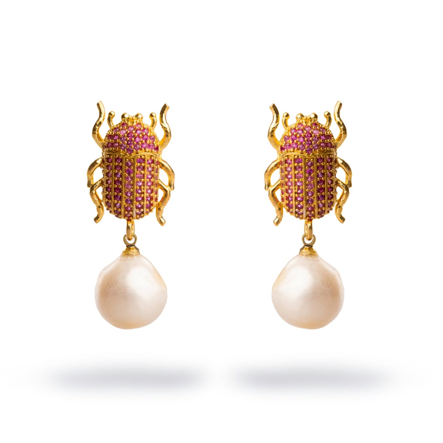Gold-Plated Egyptian Scarab Earrings with Ruby Stones and Pearl for Timeless Spiritual Charm