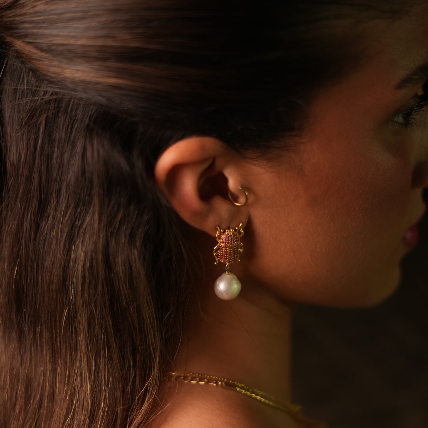 24K Gold-Plated Scarab Earrings with Ruby Stones and Dangling Pearl for Celestial Style