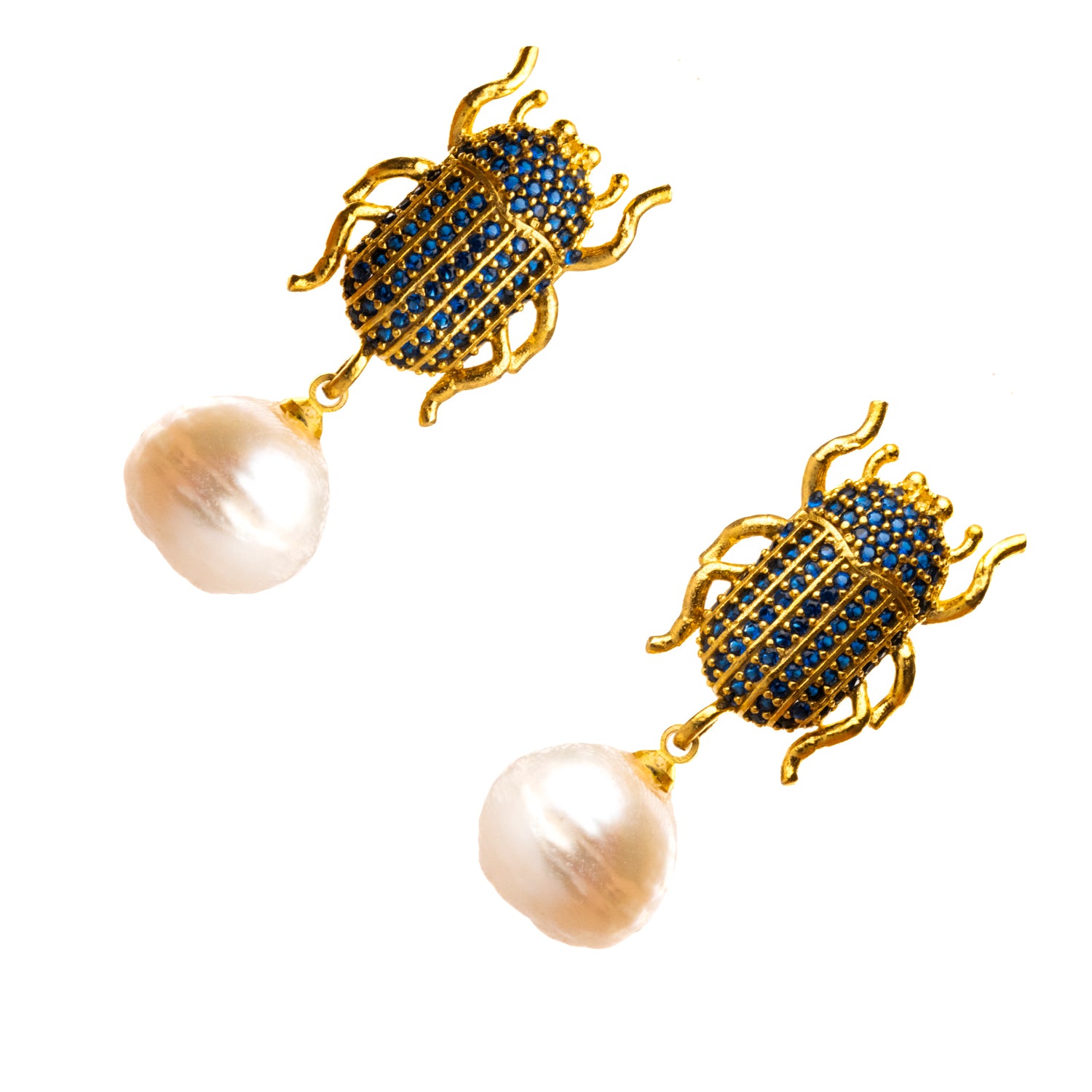 Handcrafted 24K Gold Scarab Earrings with Sapphire Stones and Pearl Drop for Mystical Sophistication