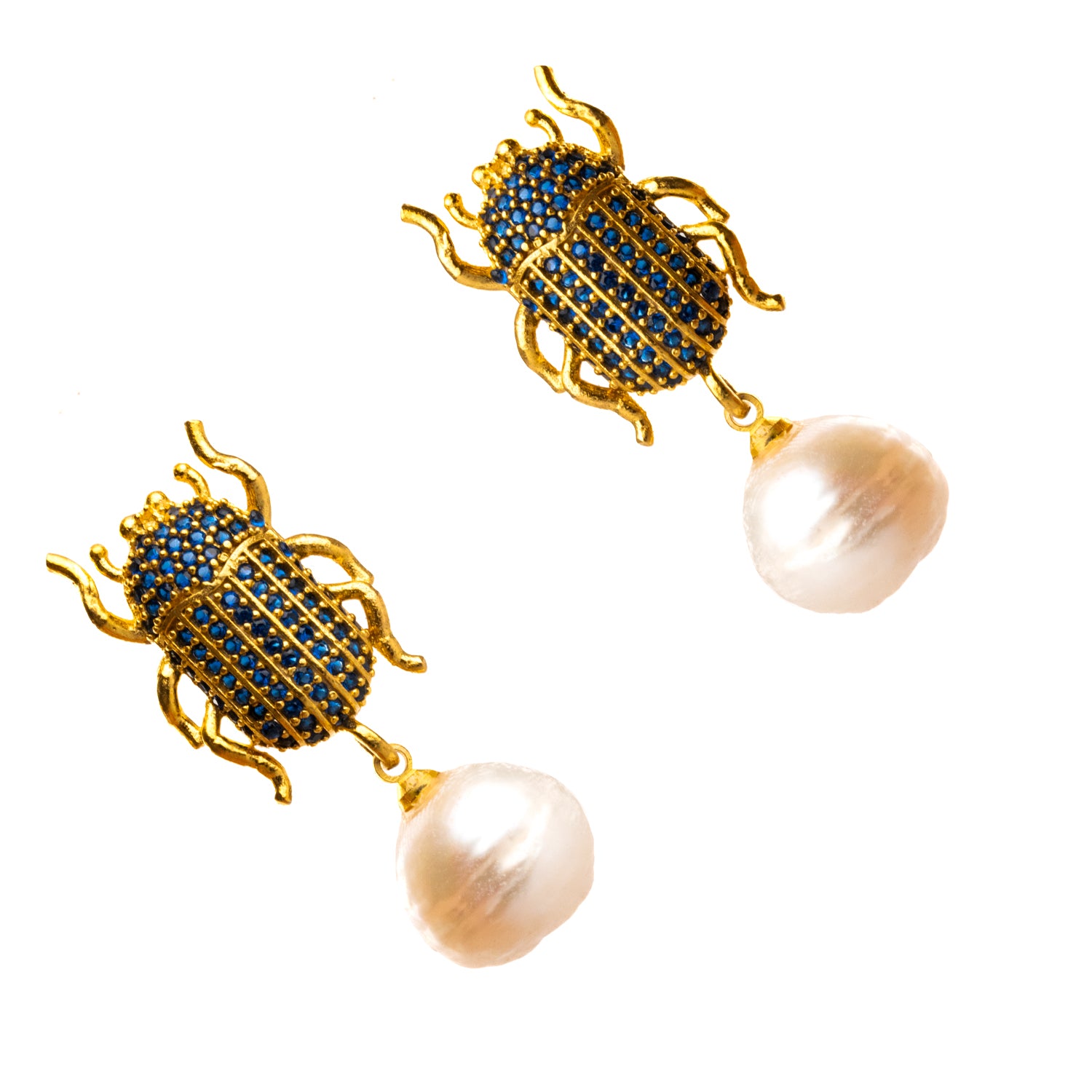 Handmade 24K Gold Scarab Earrings with Sapphire Stones and Dangling Pearl for a Unique, Elegant Style