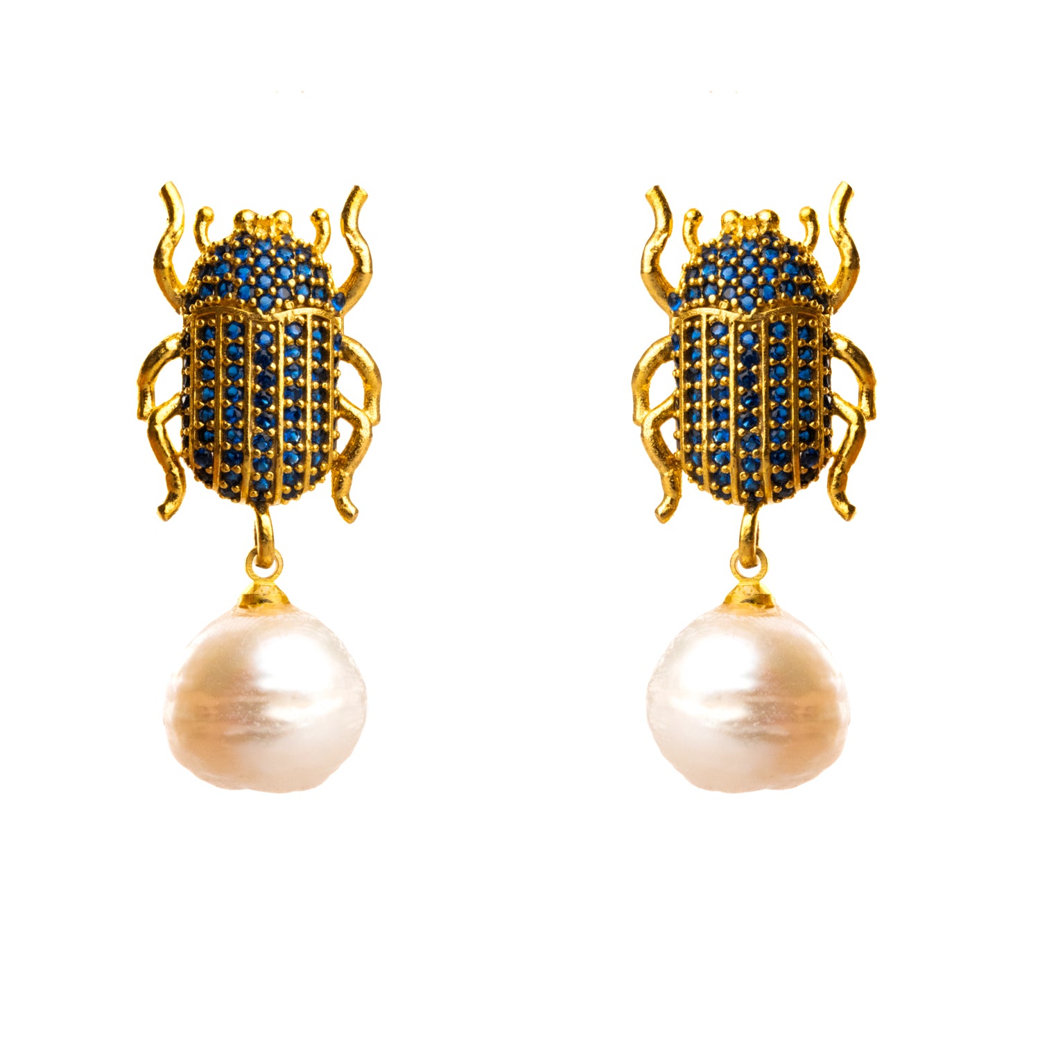 Gold-Plated Egyptian Scarab Earrings with Sapphire Stones and Pearl for Timeless Spiritual Charm
