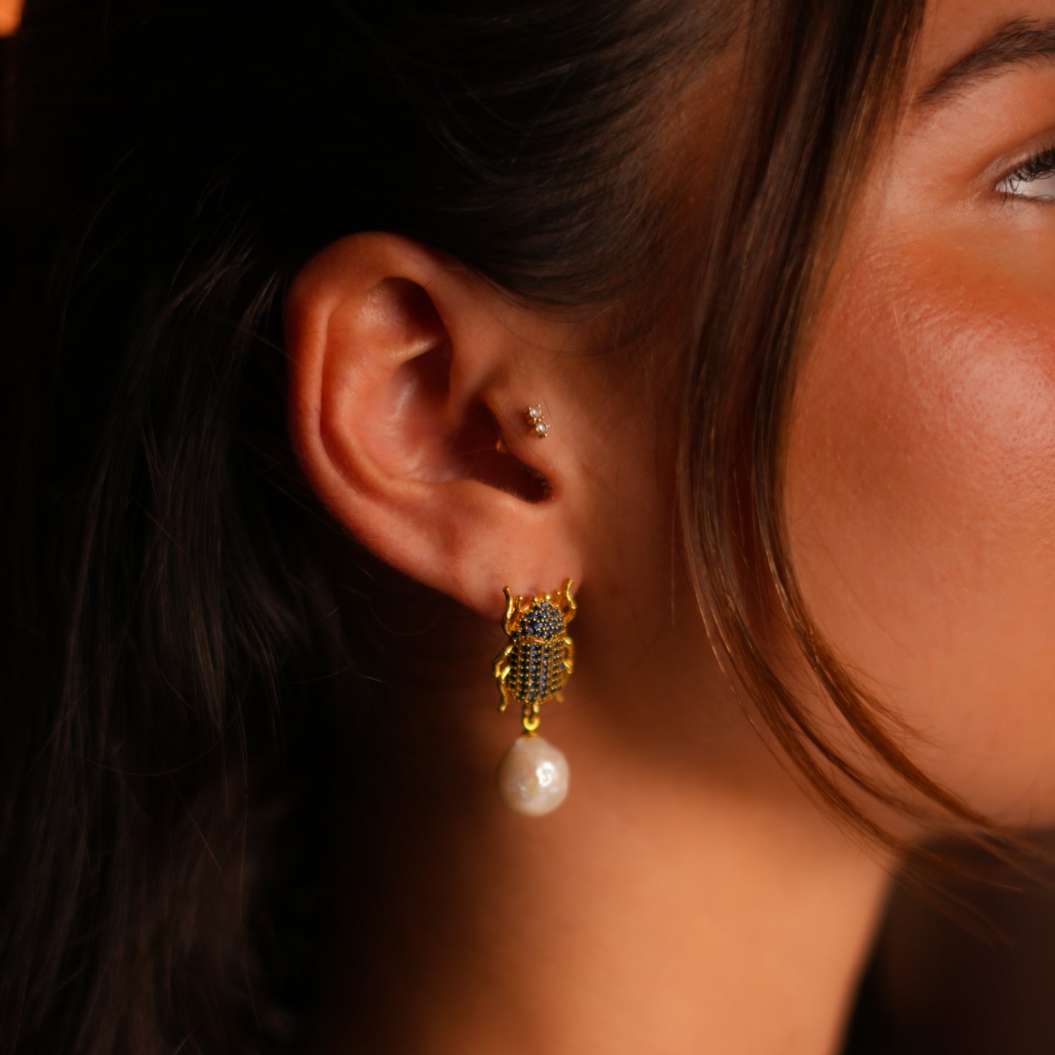 Gold-Plated Egyptian Scarab Earrings with Sapphire and Pearl for Mystical Energy and Chic Elegance