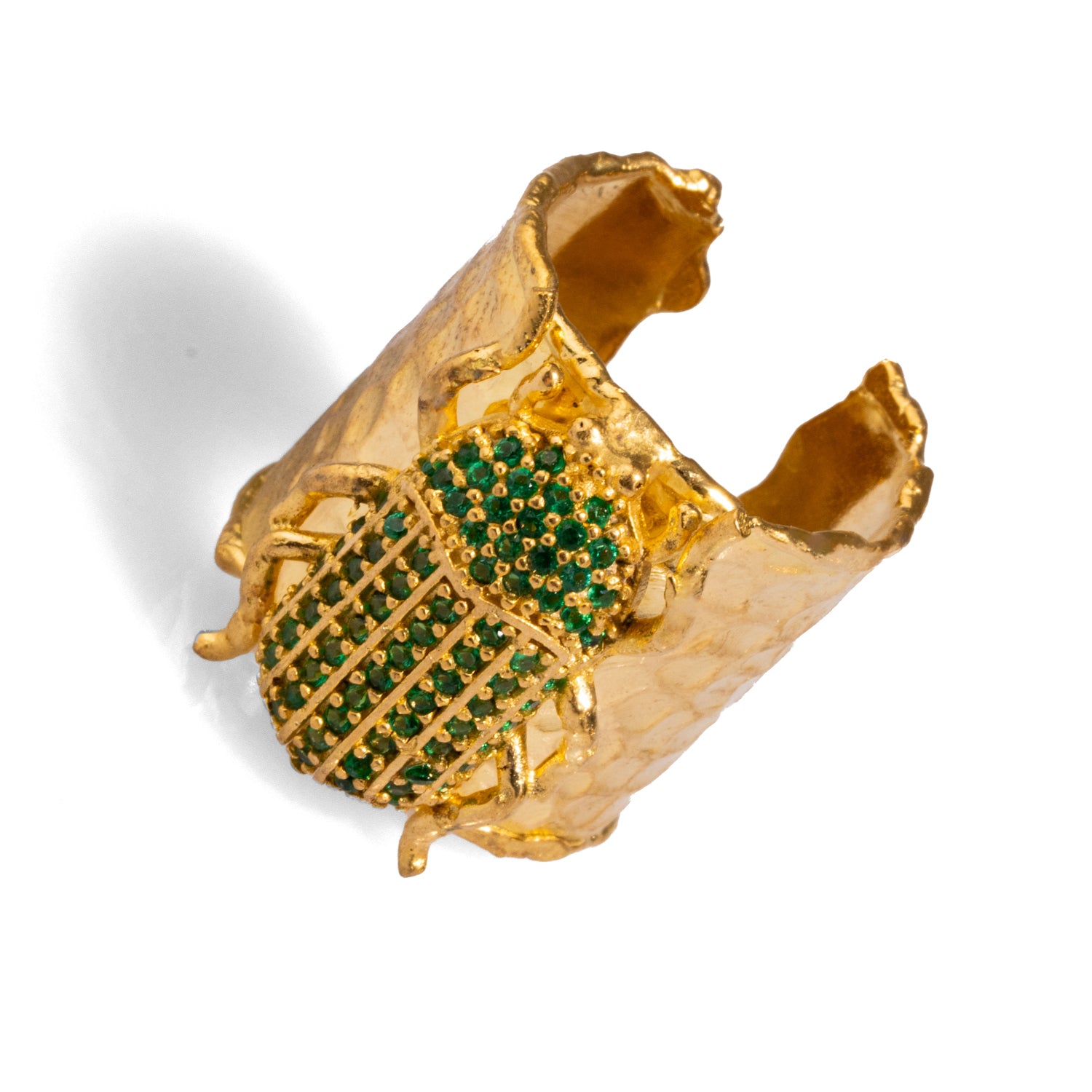 24k Gold-Plated Scarab Beetle Ring - Ancient Egyptian Symbolism with Green Jade Accents