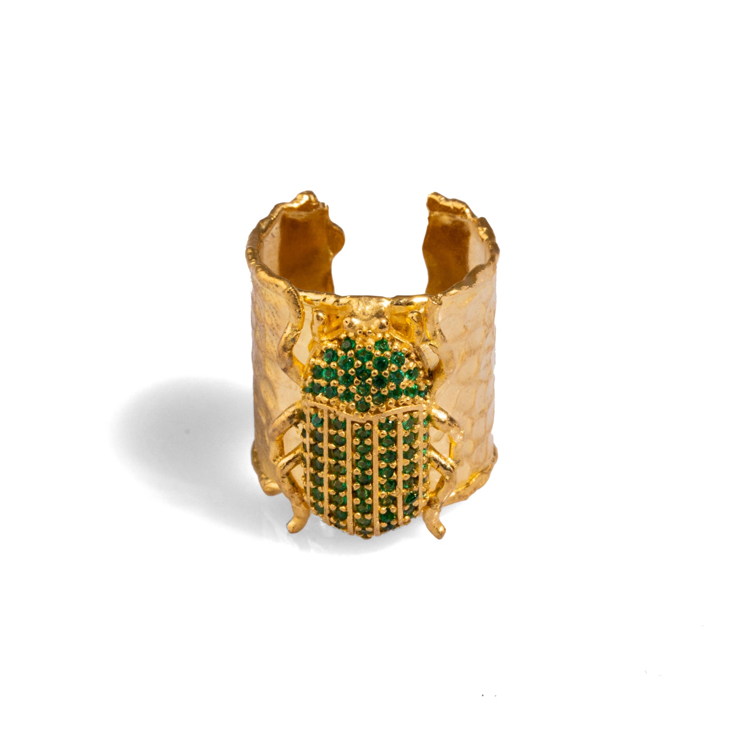 Egyptian Scarab Beetle Green Jade & Gold Chunky Ring - 24k Gold-Plated Brass Cuff Ring with Adjustable Band