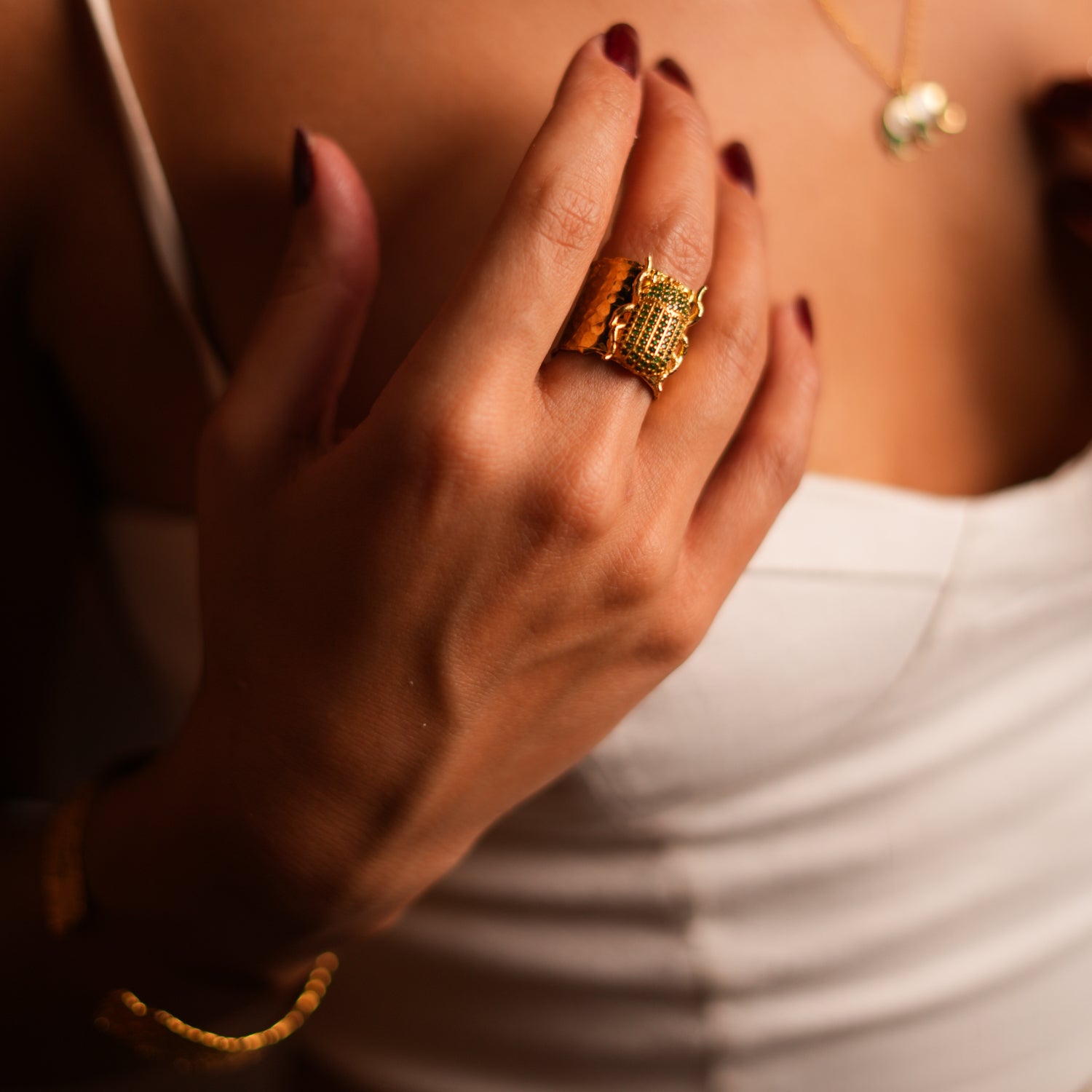 Handmade Scarab Beetle Ring - Symbol of Rebirth & Protection with Green Jade Stones
