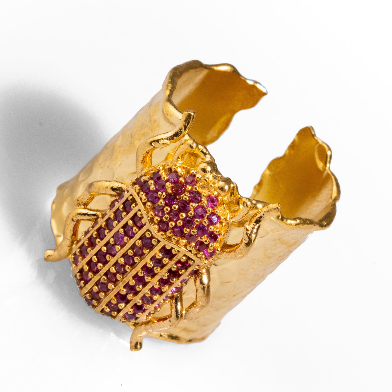 24K Gold Scarab Beetle Ring with Ruby Stones for Rebirth and Spiritual Protection