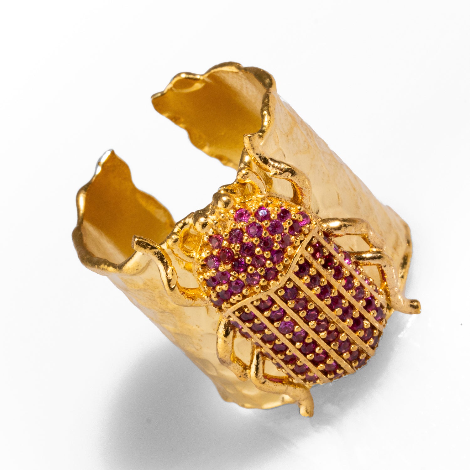 Ancient Egyptian Scarab Beetle Ring with Ruby Accents and 24K Gold-Plated Finish